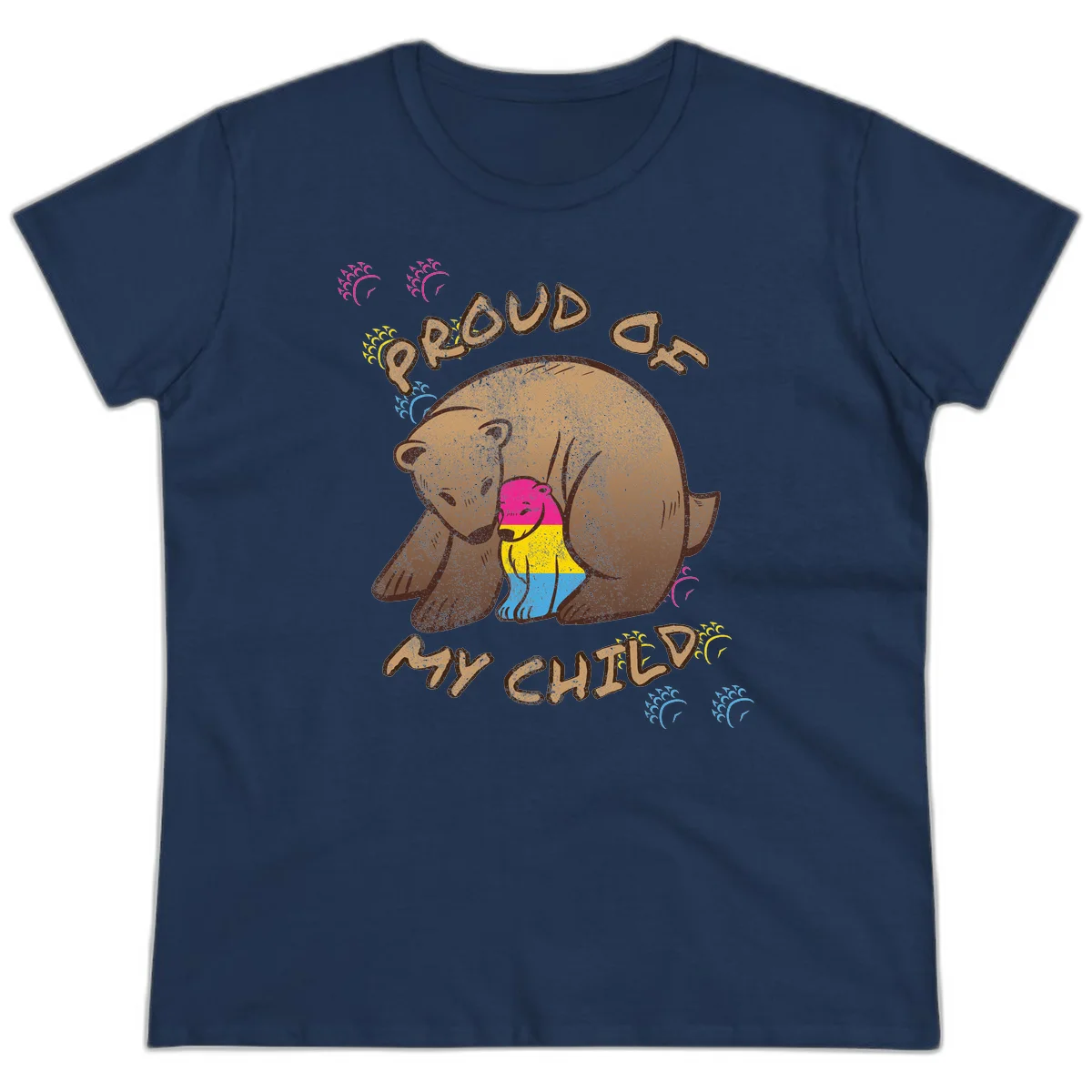 Large bear proudly hugging a smaller bear cub wearing a pride flag shirt, with text reading 'Proud As My Child' in Navy