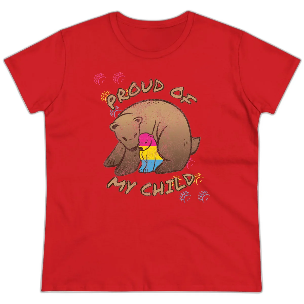 Large bear proudly hugging a smaller bear cub wearing a pride flag shirt, with text reading 'Proud As My Child' in Red