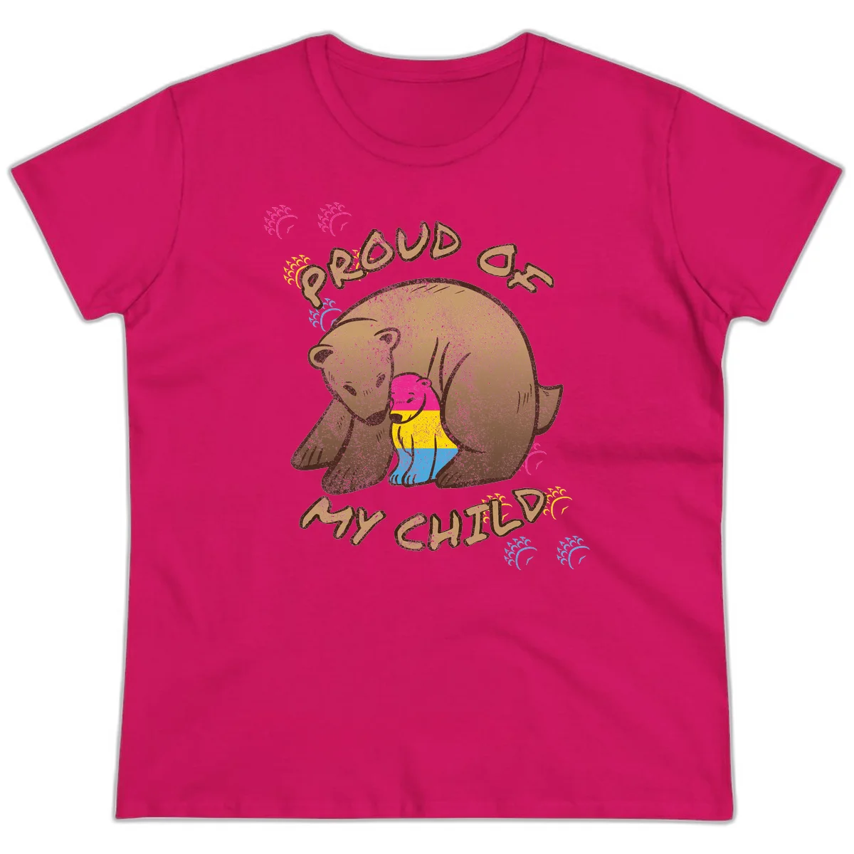 Large bear proudly hugging a smaller bear cub wearing a pride flag shirt, with text reading 'Proud As My Child' in Heliconia