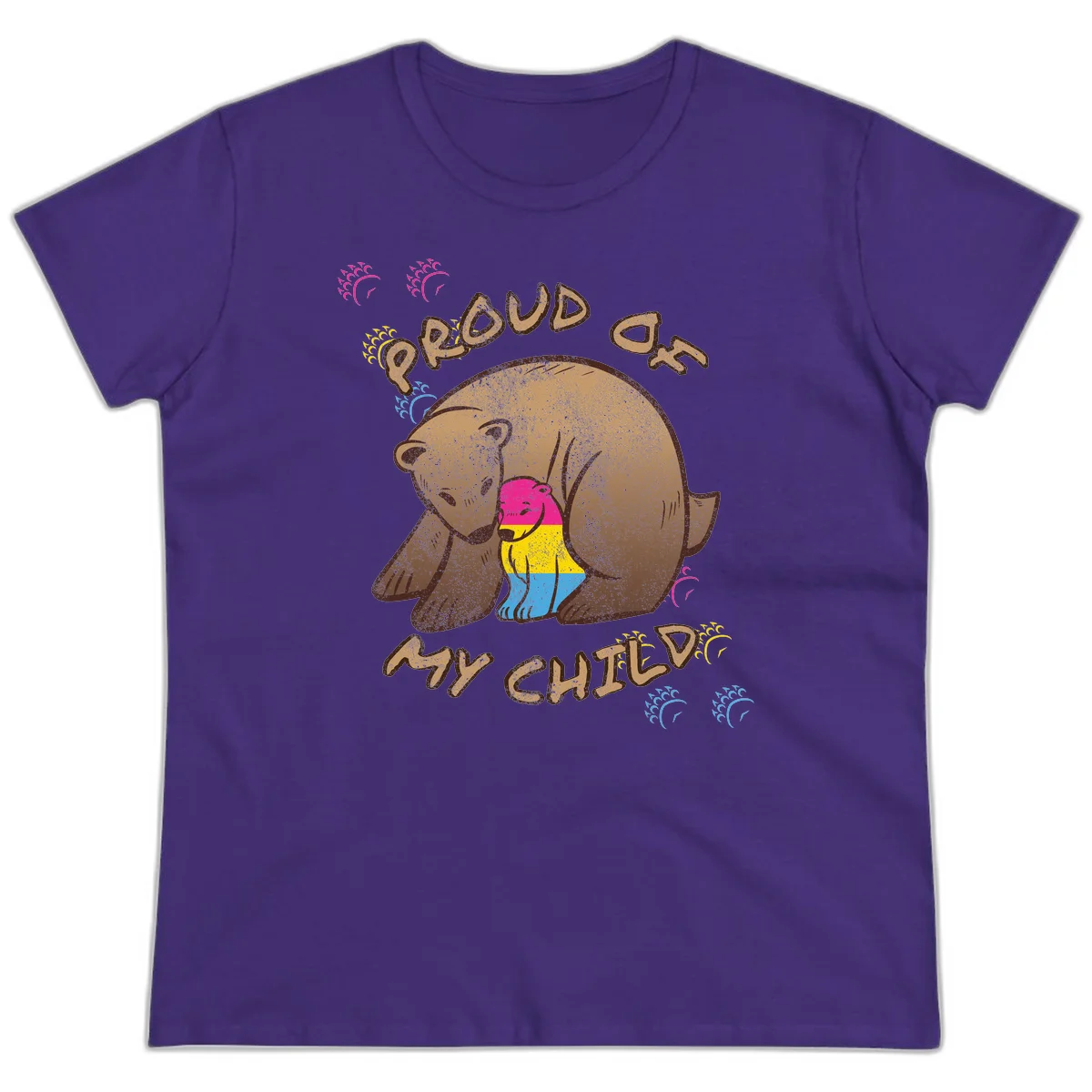 Large bear proudly hugging a smaller bear cub wearing a pride flag shirt, with text reading 'Proud As My Child' in Purple