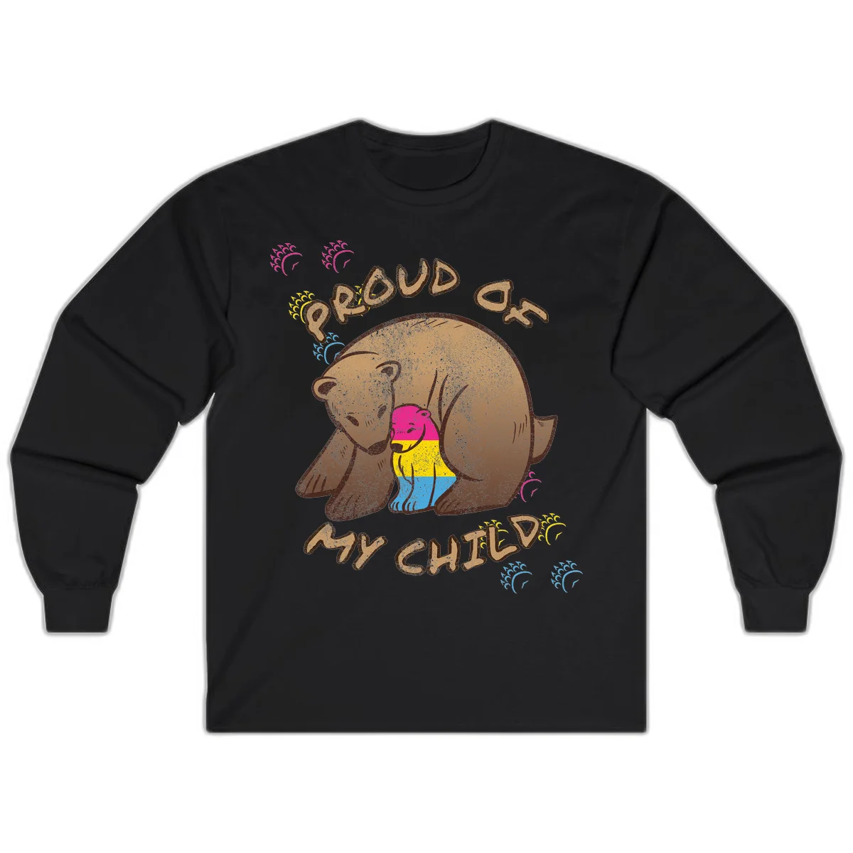Large bear proudly hugging a smaller bear cub wearing a pride flag shirt, with text reading 'Proud As My Child' in Black