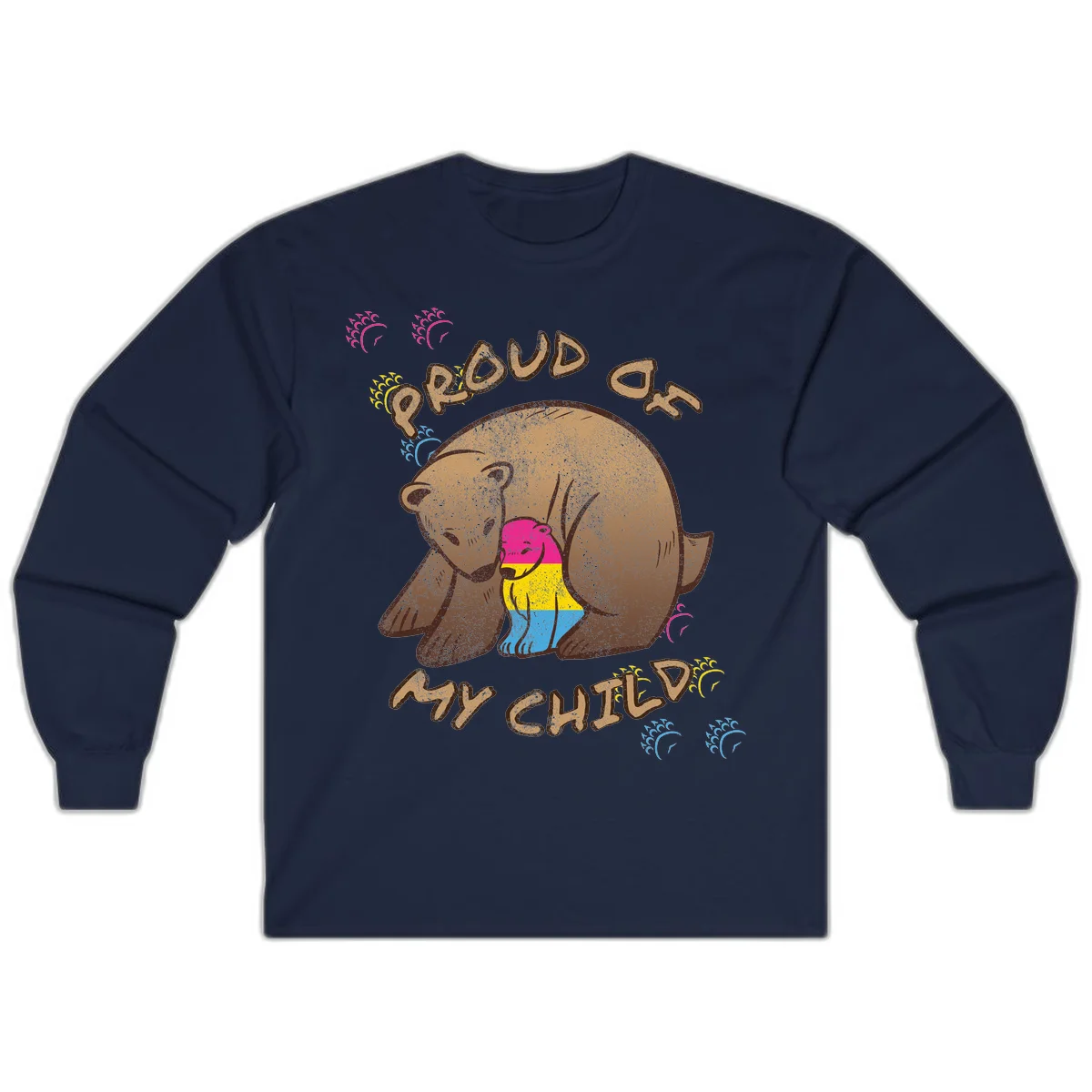 Large bear proudly hugging a smaller bear cub wearing a pride flag shirt, with text reading 'Proud As My Child' in Navy
