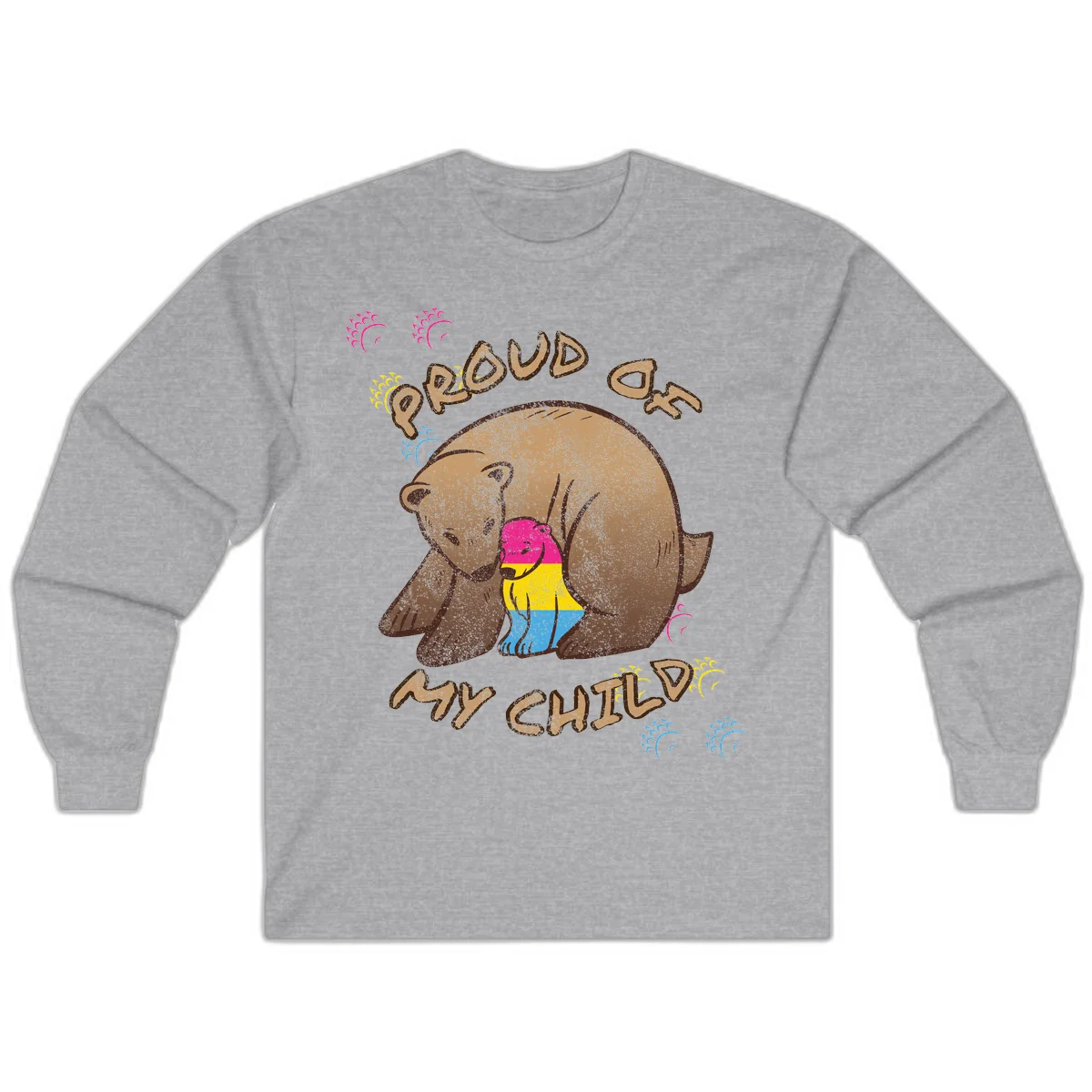 Large bear proudly hugging a smaller bear cub wearing a pride flag shirt, with text reading 'Proud As My Child' in Sport Grey