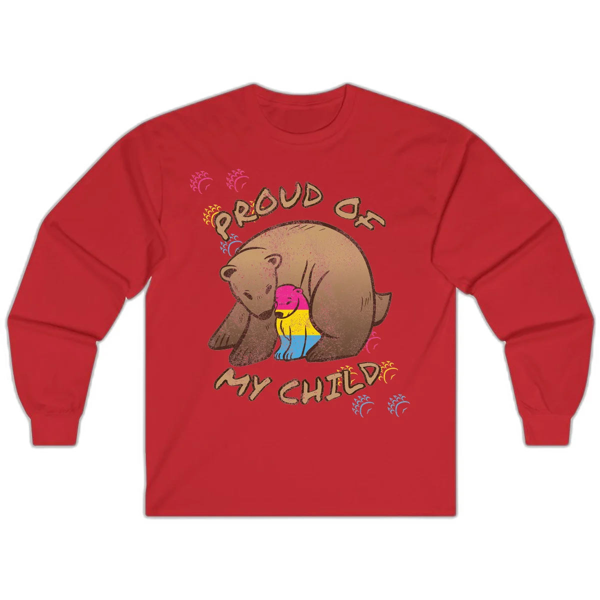 Large bear proudly hugging a smaller bear cub wearing a pride flag shirt, with text reading 'Proud As My Child' in Red