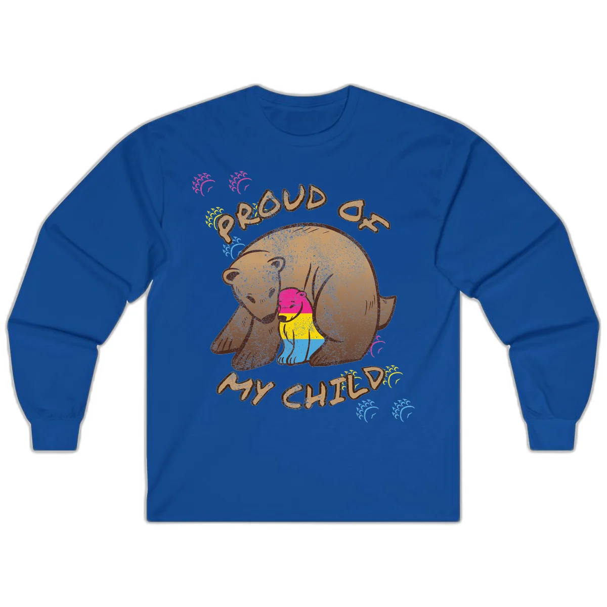 Large bear proudly hugging a smaller bear cub wearing a pride flag shirt, with text reading 'Proud As My Child' in Royal