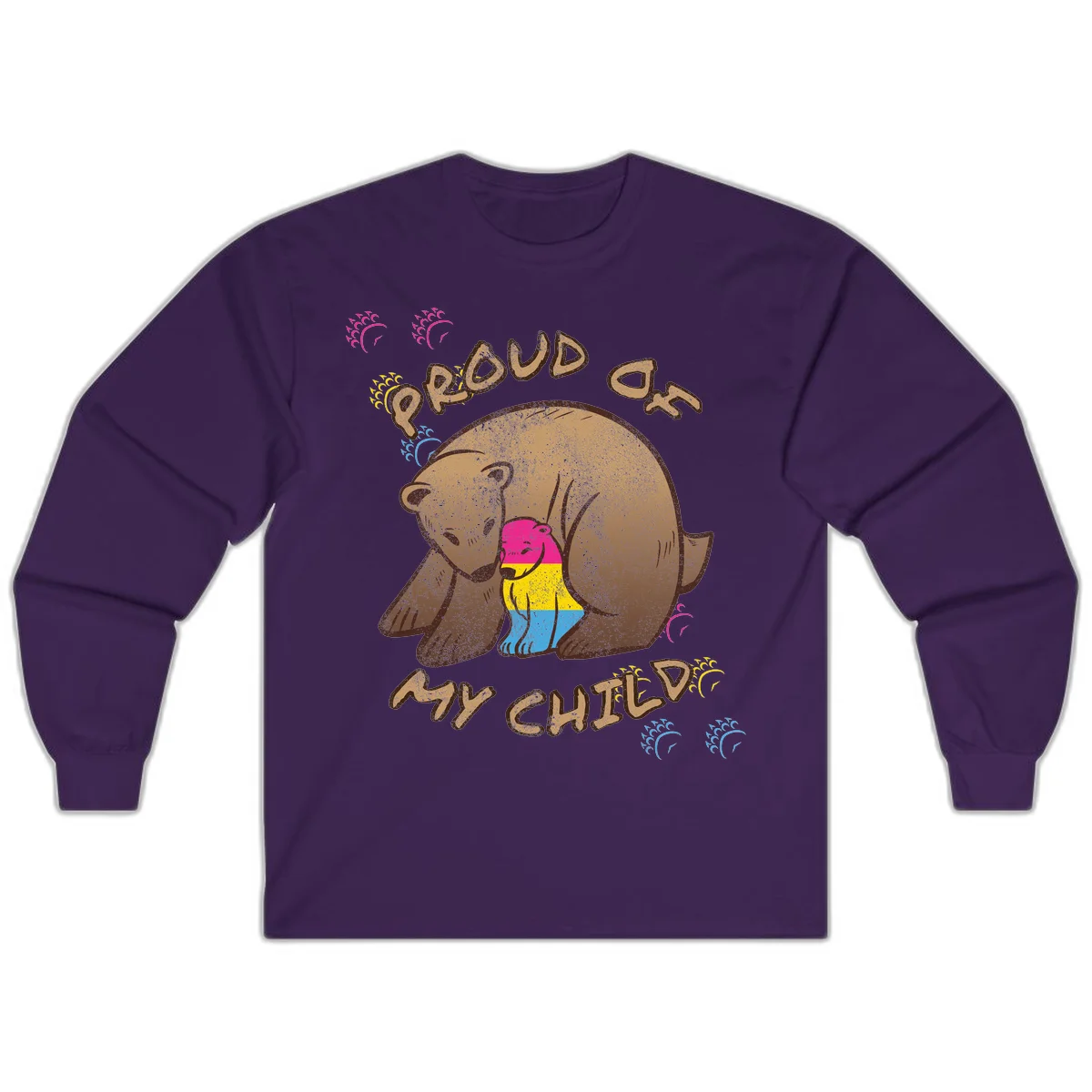 Large bear proudly hugging a smaller bear cub wearing a pride flag shirt, with text reading 'Proud As My Child' in Purple