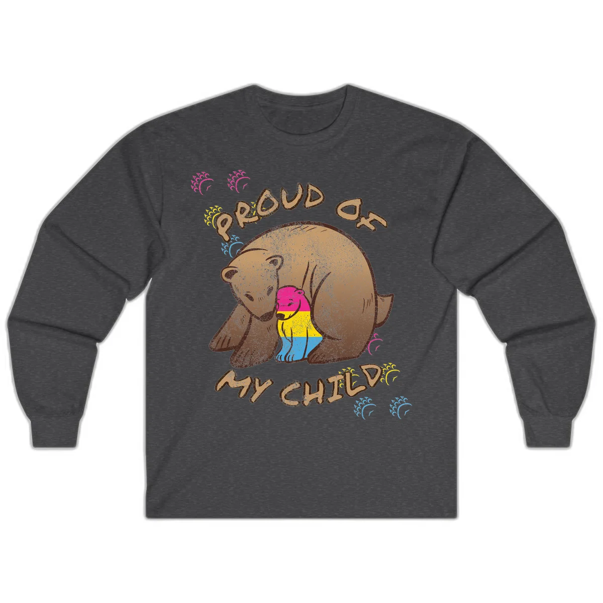 Large bear proudly hugging a smaller bear cub wearing a pride flag shirt, with text reading 'Proud As My Child' in Dark Heather