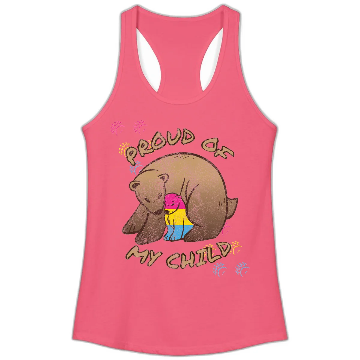 Large bear proudly hugging a smaller bear cub wearing a pride flag shirt, with text reading 'Proud As My Child' in Hot Pink
