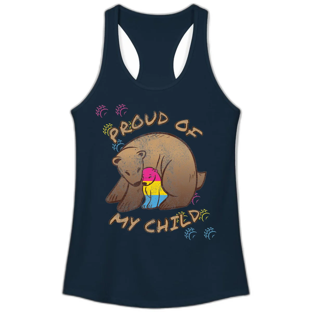 Large bear proudly hugging a smaller bear cub wearing a pride flag shirt, with text reading 'Proud As My Child' in Solid Midnight Navy