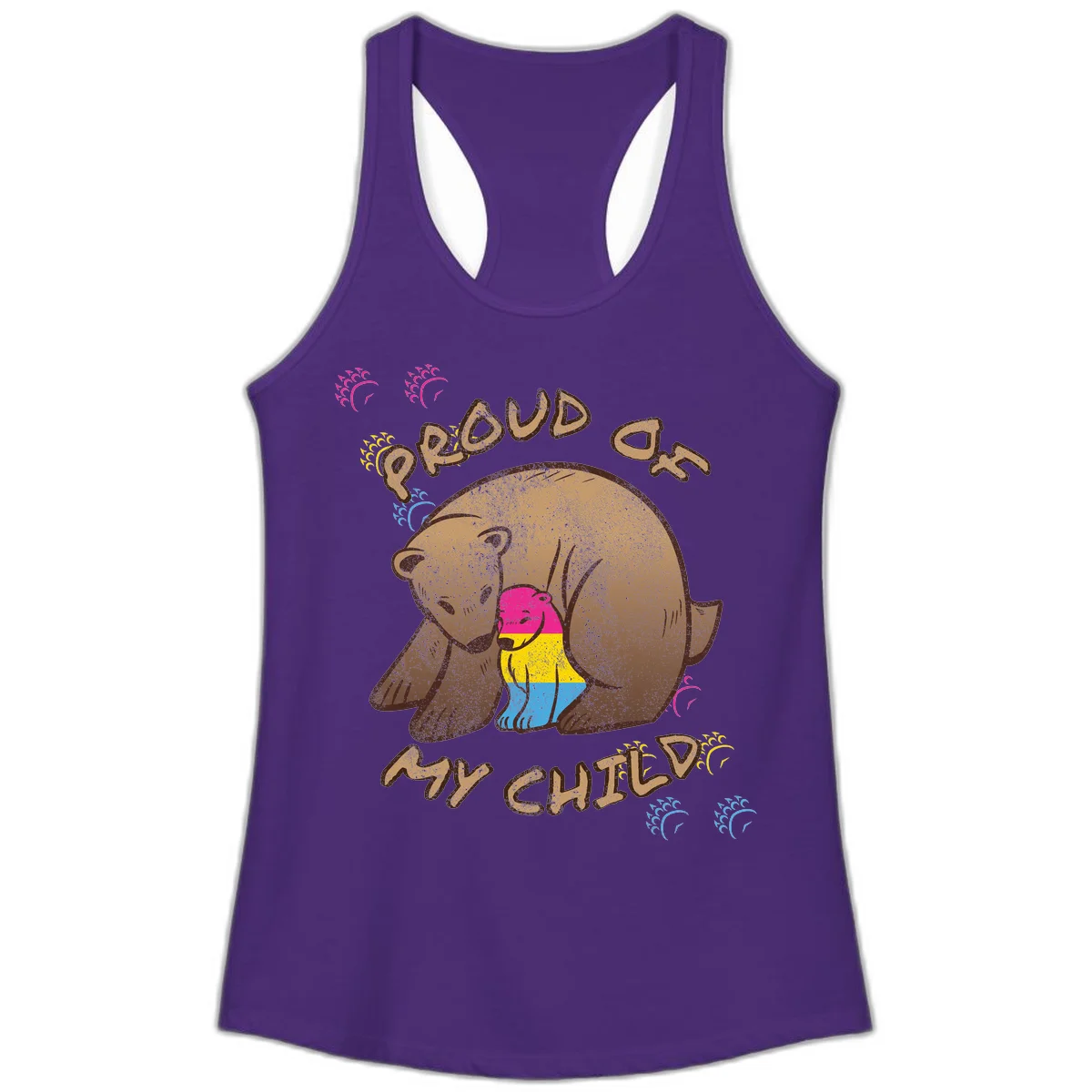 Large bear proudly hugging a smaller bear cub wearing a pride flag shirt, with text reading 'Proud As My Child' in Solid Purple Rush