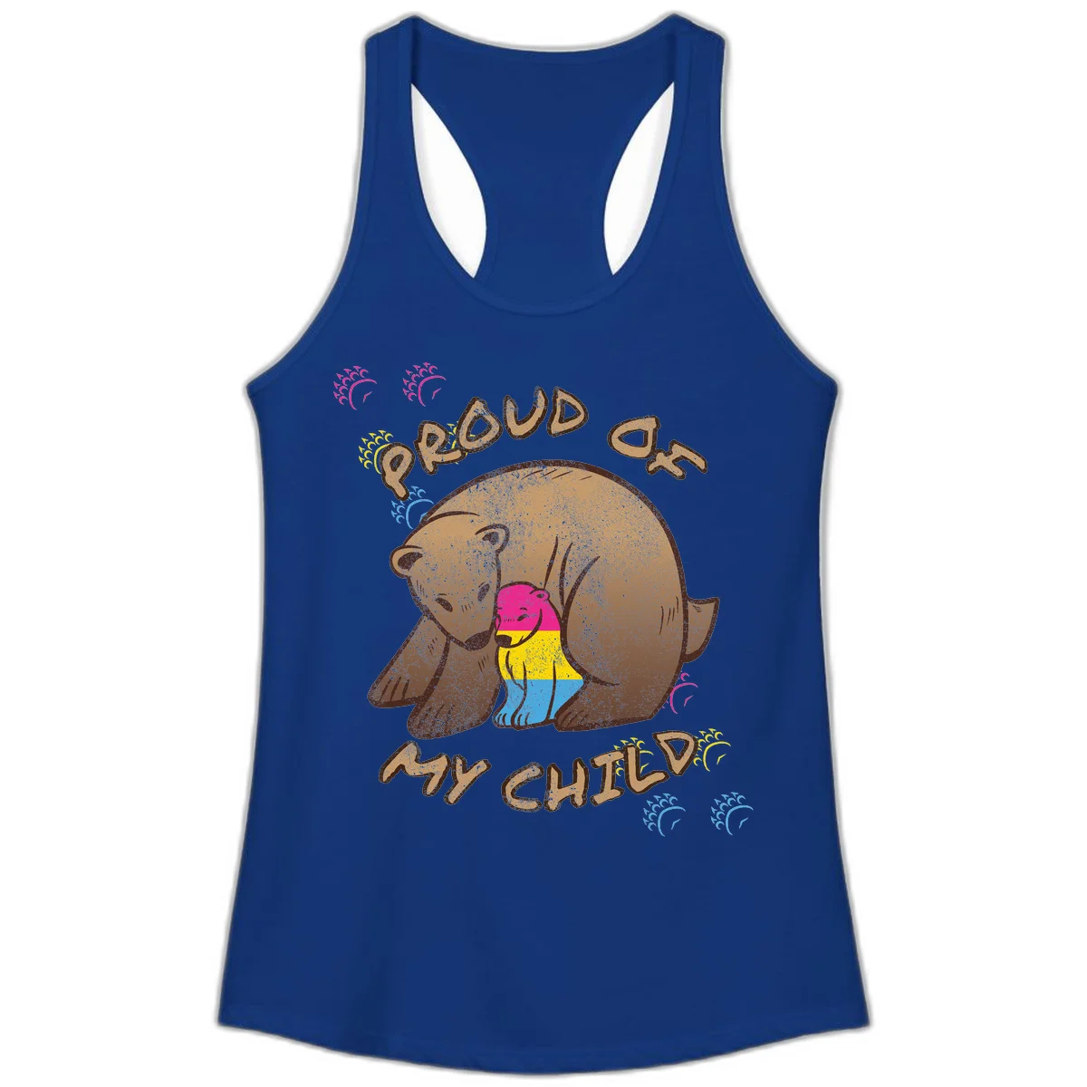 Large bear proudly hugging a smaller bear cub wearing a pride flag shirt, with text reading 'Proud As My Child' in Solid Royal