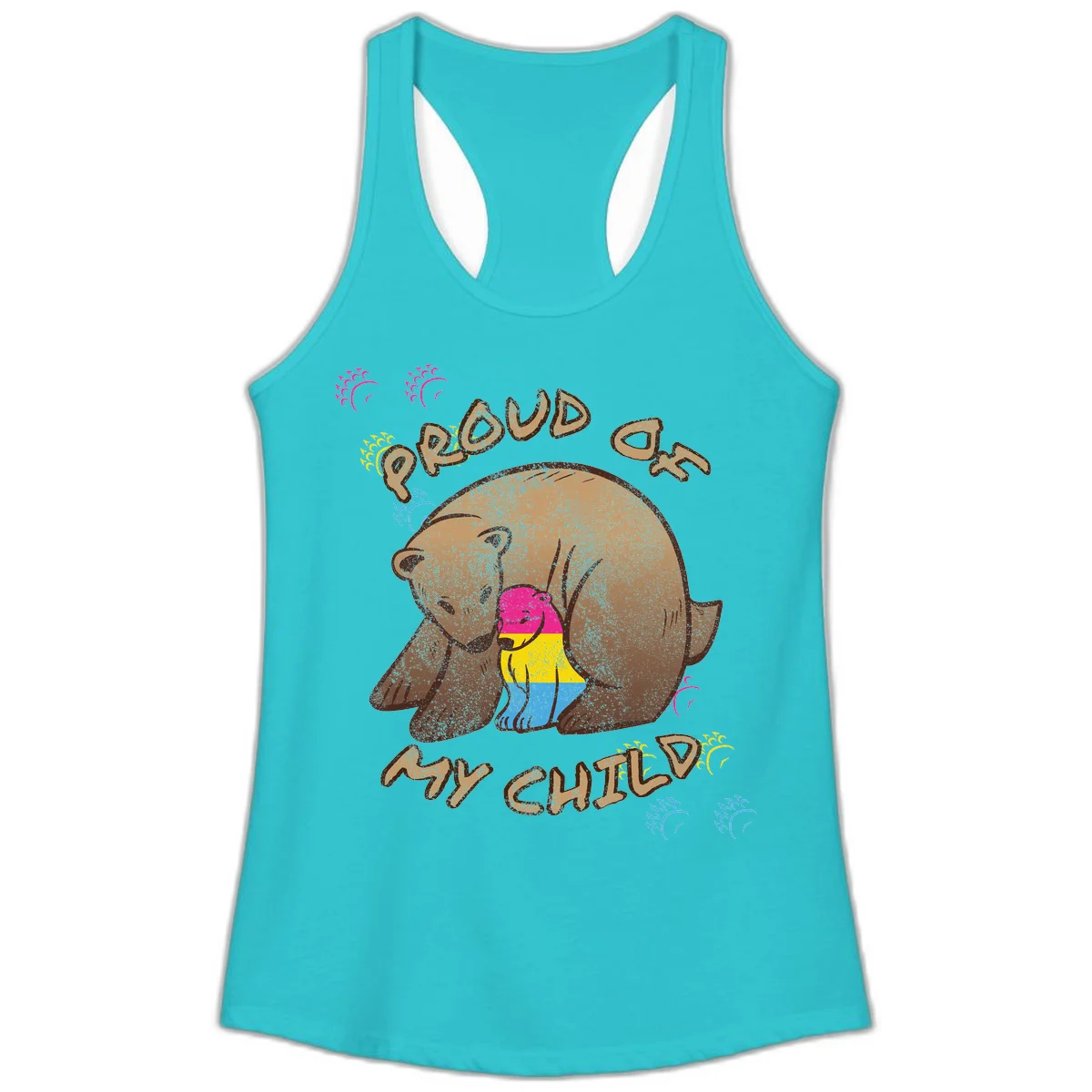 Large bear proudly hugging a smaller bear cub wearing a pride flag shirt, with text reading 'Proud As My Child' in Solid Tahiti Blue