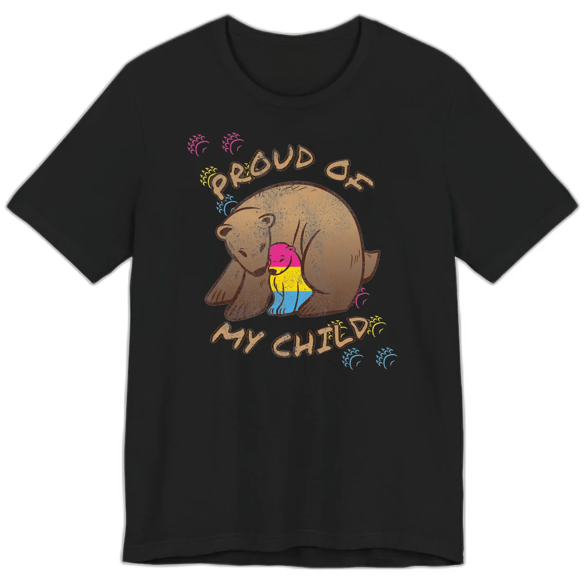 Large bear proudly hugging a smaller bear cub wearing a pride flag shirt, with text reading 'Proud As My Child' in Black