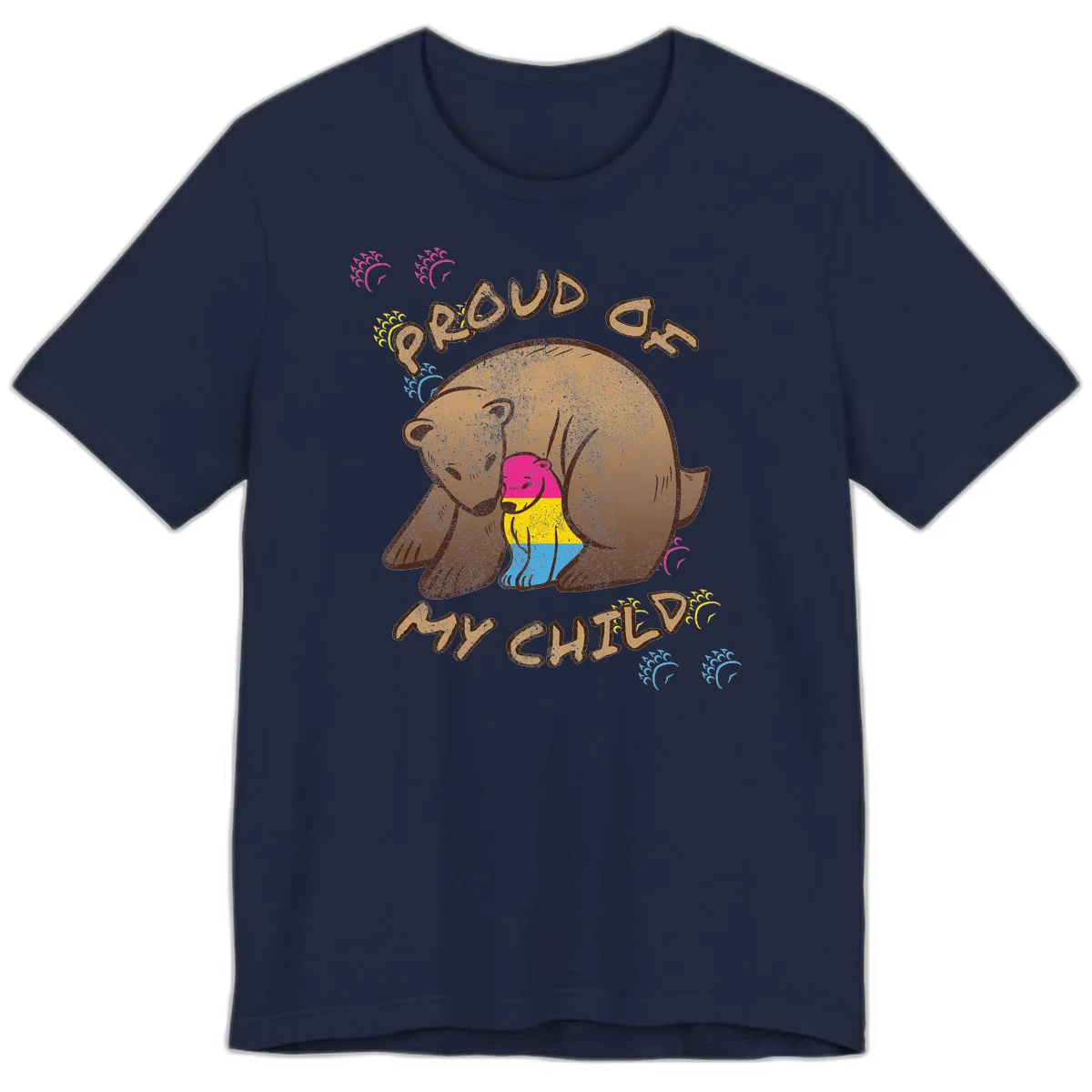 Large bear proudly hugging a smaller bear cub wearing a pride flag shirt, with text reading 'Proud As My Child' in Navy