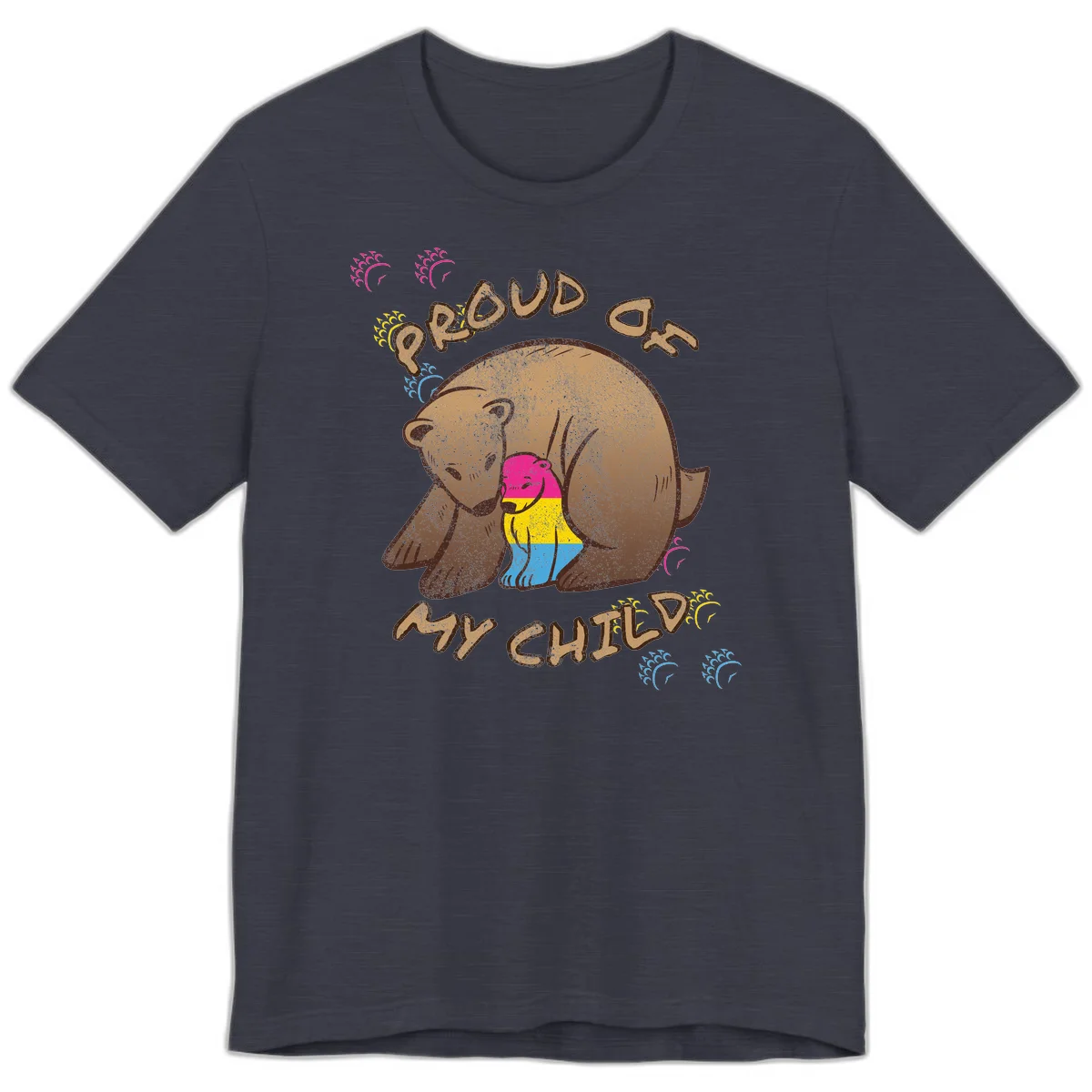 Large bear proudly hugging a smaller bear cub wearing a pride flag shirt, with text reading 'Proud As My Child' in Heather Midnight Navy