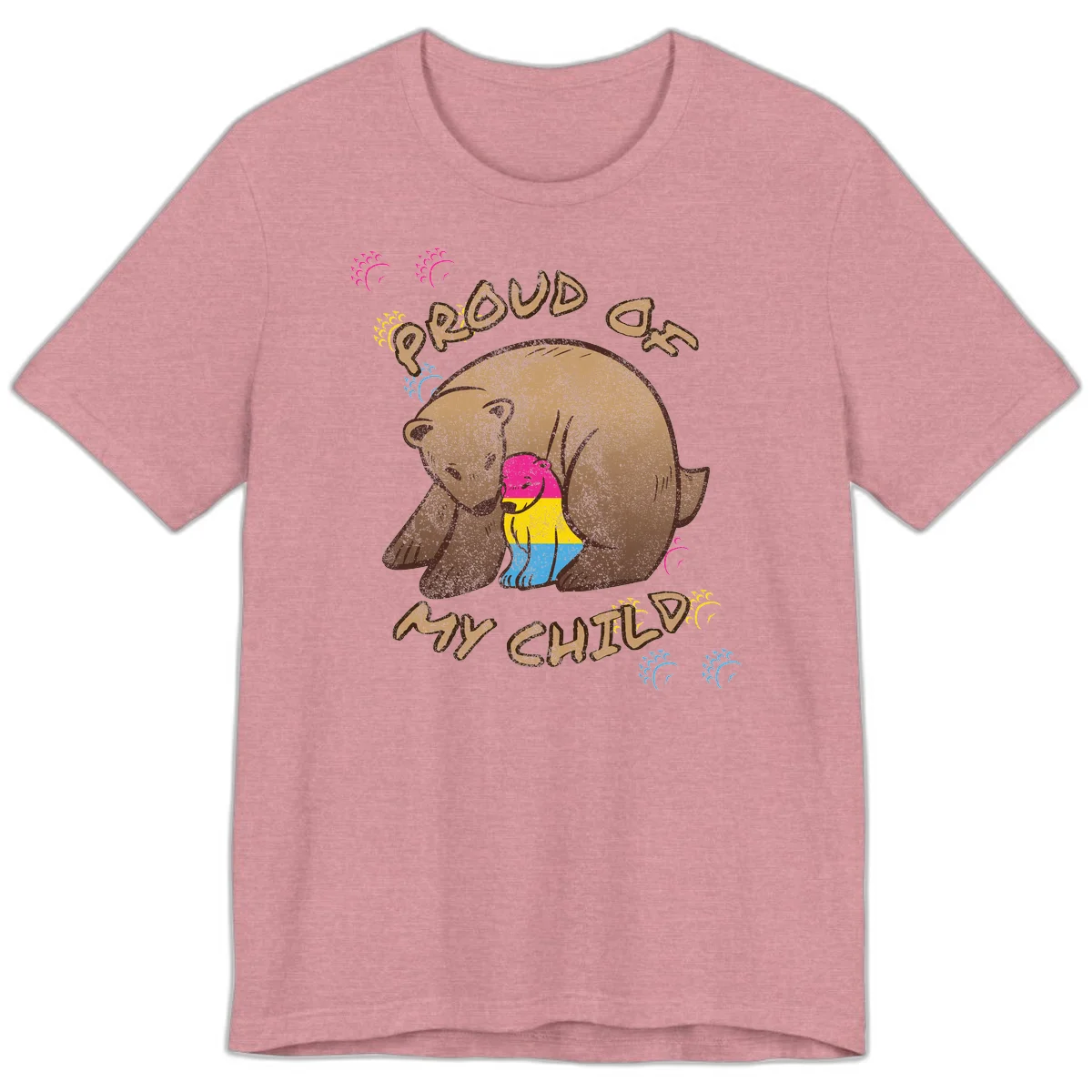 Large bear proudly hugging a smaller bear cub wearing a pride flag shirt, with text reading 'Proud As My Child' in Heather Orchid