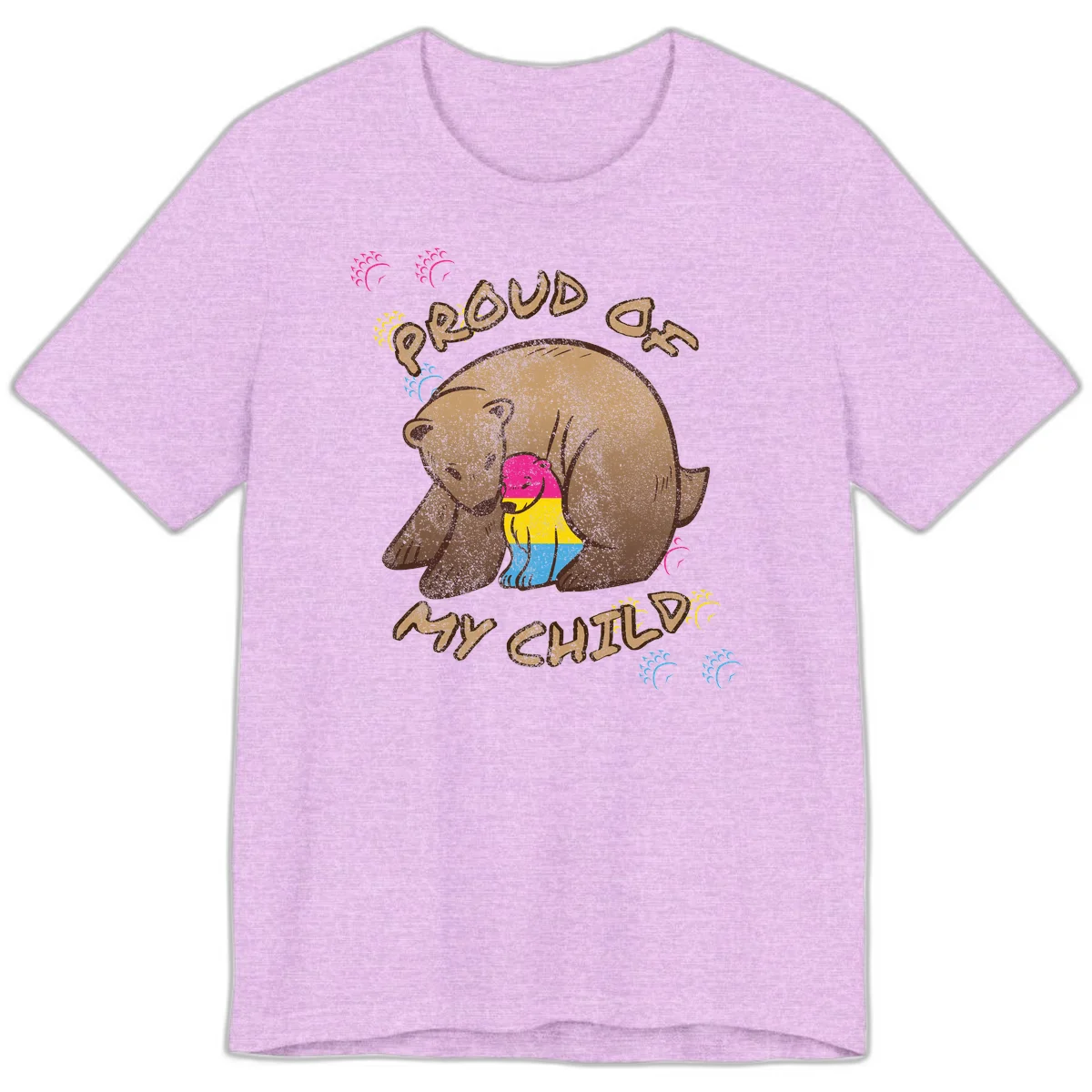 Large bear proudly hugging a smaller bear cub wearing a pride flag shirt, with text reading 'Proud As My Child' in Heather Prism Lilac