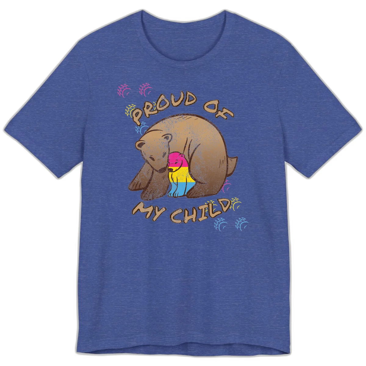 Large bear proudly hugging a smaller bear cub wearing a pride flag shirt, with text reading 'Proud As My Child' in Heather True Royal