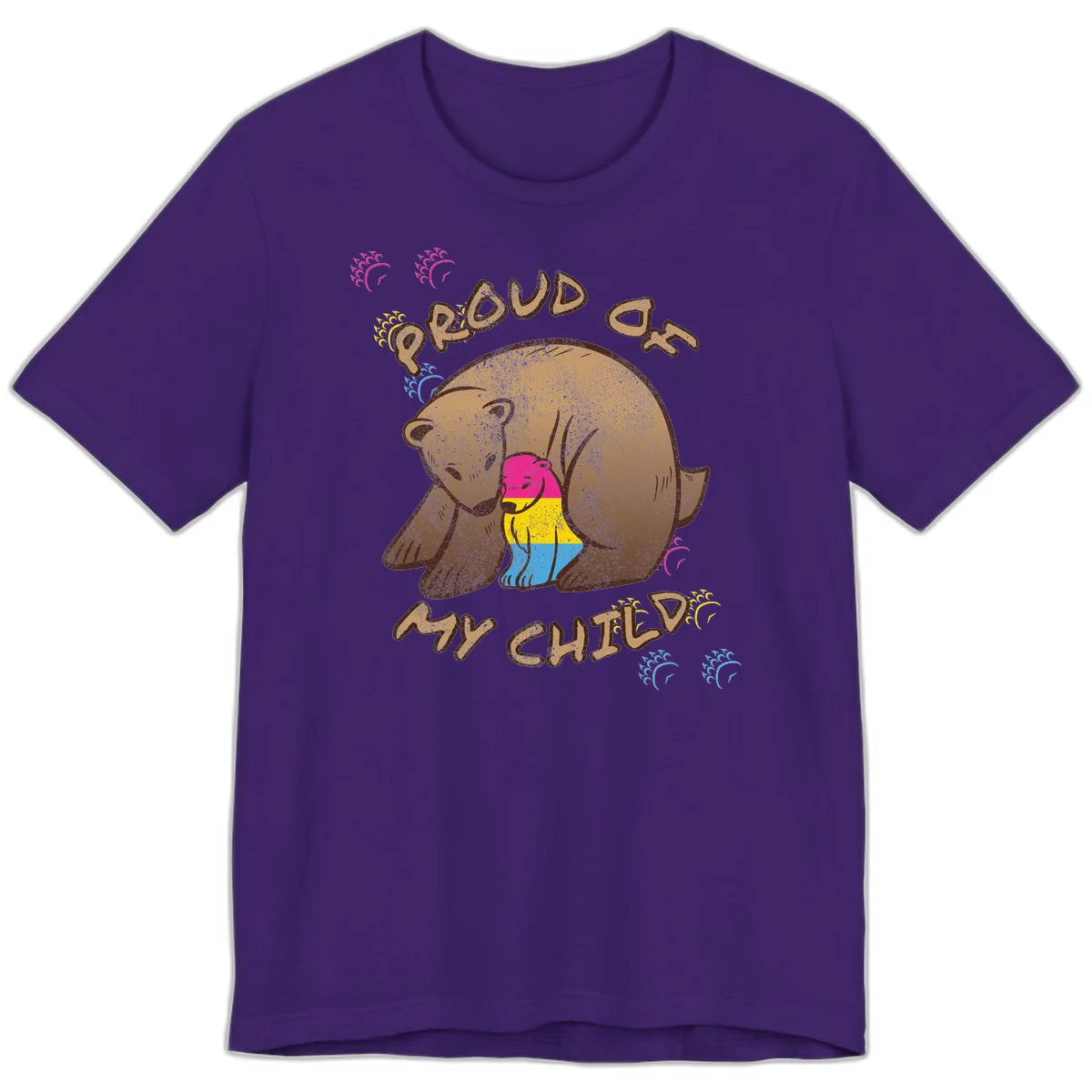 Large bear proudly hugging a smaller bear cub wearing a pride flag shirt, with text reading 'Proud As My Child' in Team Purple