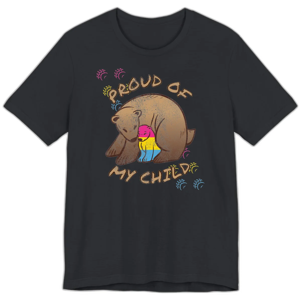 Large bear proudly hugging a smaller bear cub wearing a pride flag shirt, with text reading 'Proud As My Child' in Vintage Black