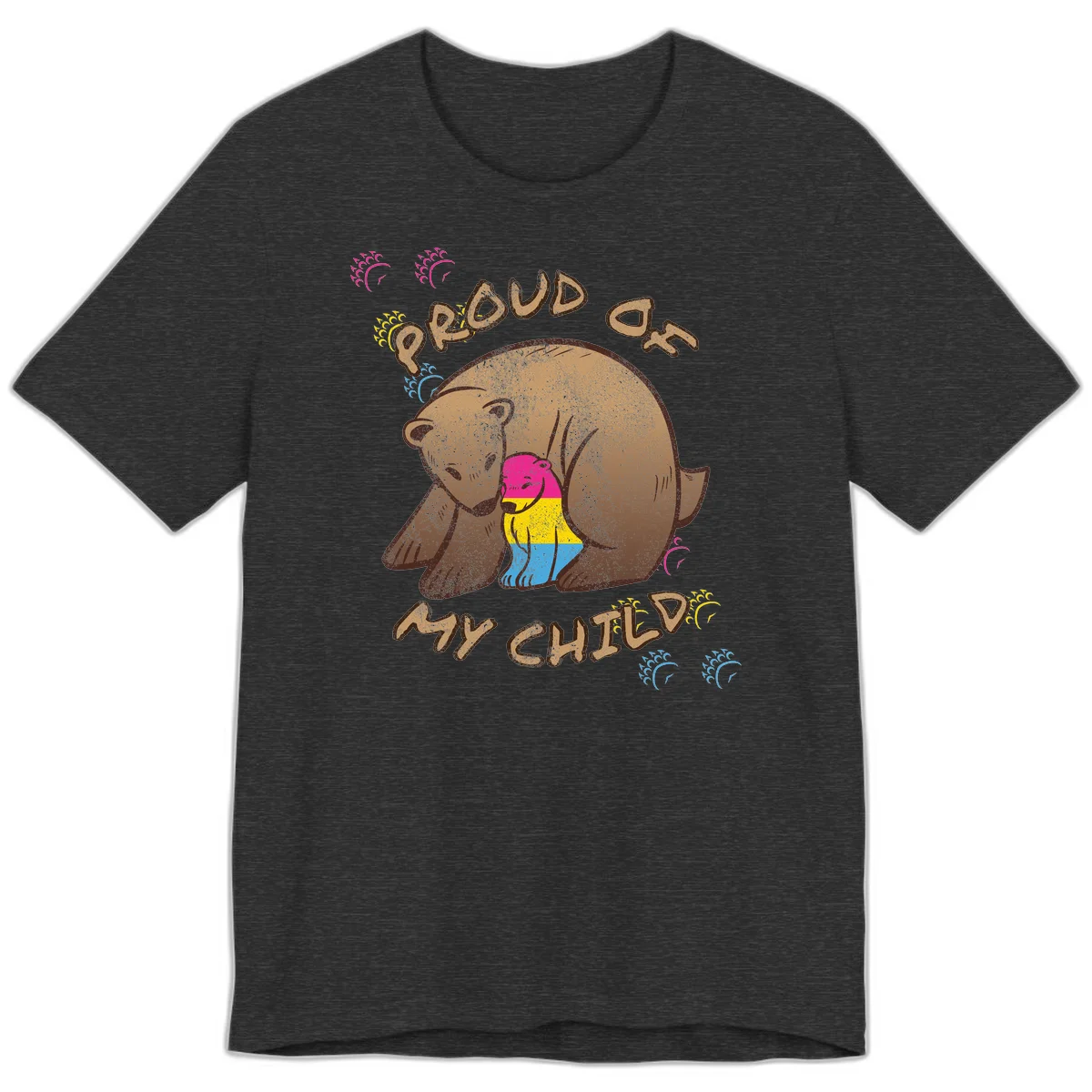 Large bear proudly hugging a smaller bear cub wearing a pride flag shirt, with text reading 'Proud As My Child' in Dark Grey Heather