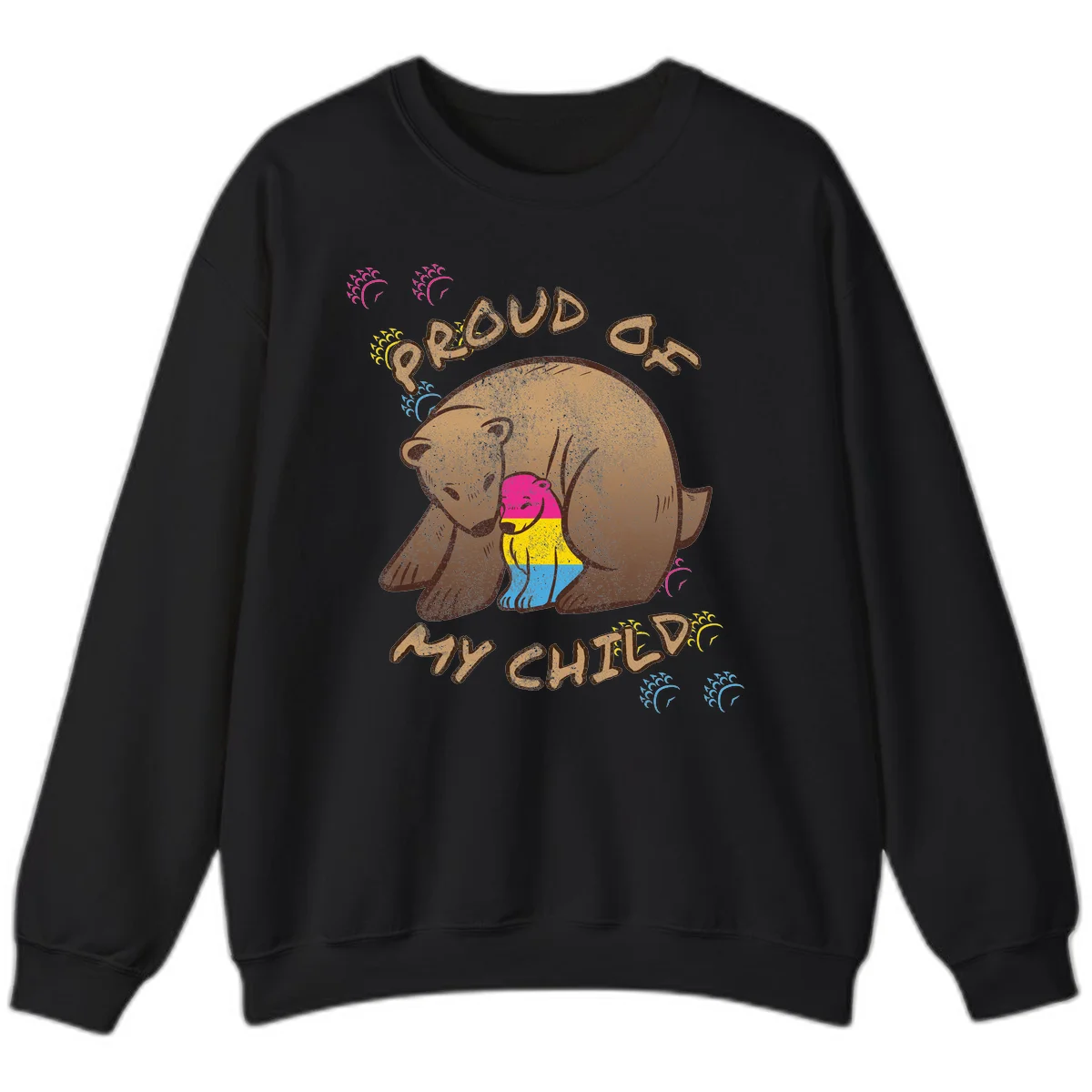 Large bear proudly hugging a smaller bear cub wearing a pride flag shirt, with text reading 'Proud As My Child' in Black
