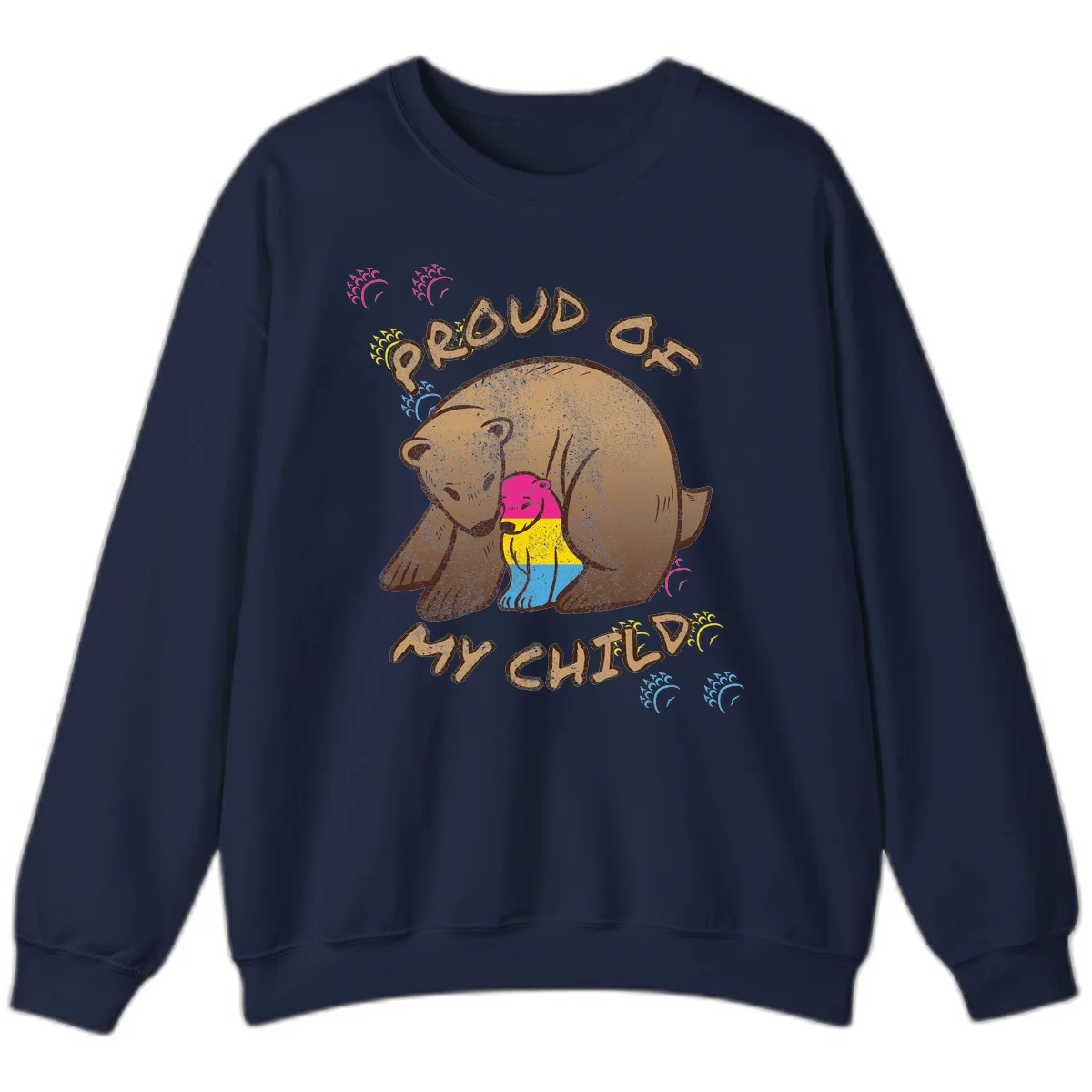 Large bear proudly hugging a smaller bear cub wearing a pride flag shirt, with text reading 'Proud As My Child' in Navy