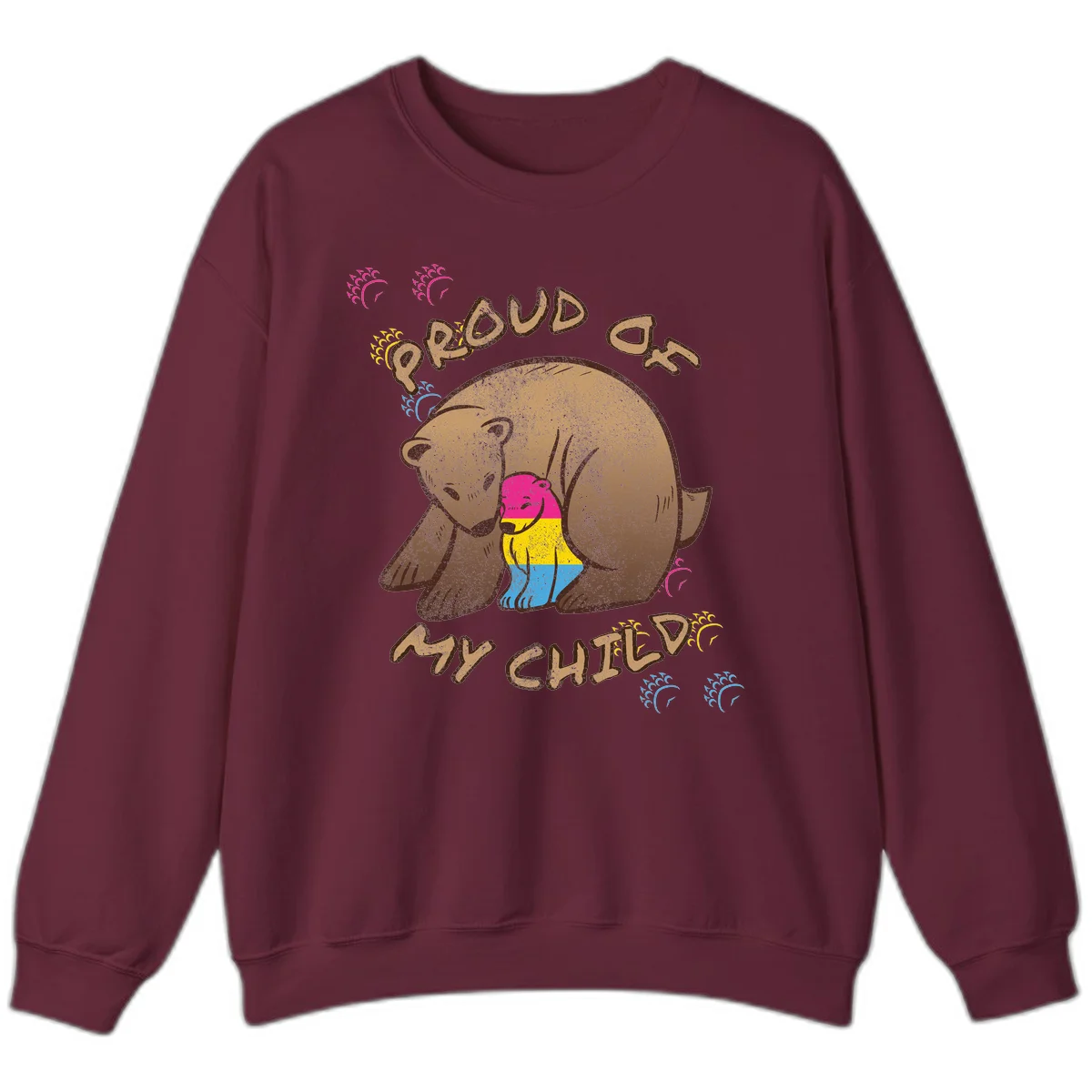 Large bear proudly hugging a smaller bear cub wearing a pride flag shirt, with text reading 'Proud As My Child' in Maroon