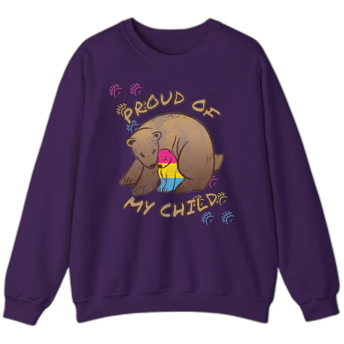 Large bear proudly hugging a smaller bear cub wearing a pride flag shirt, with text reading 'Proud As My Child' in Purple