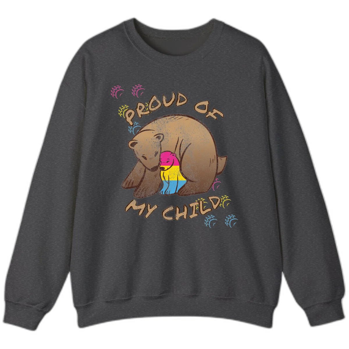 Large bear proudly hugging a smaller bear cub wearing a pride flag shirt, with text reading 'Proud As My Child' in Dark Heather