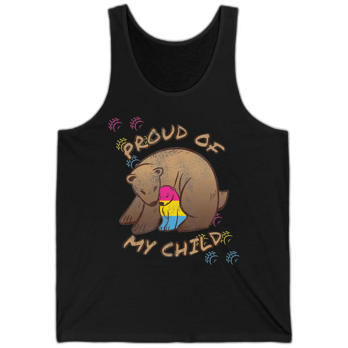 Large bear proudly hugging a smaller bear cub wearing a pride flag shirt, with text reading 'Proud As My Child' in Black