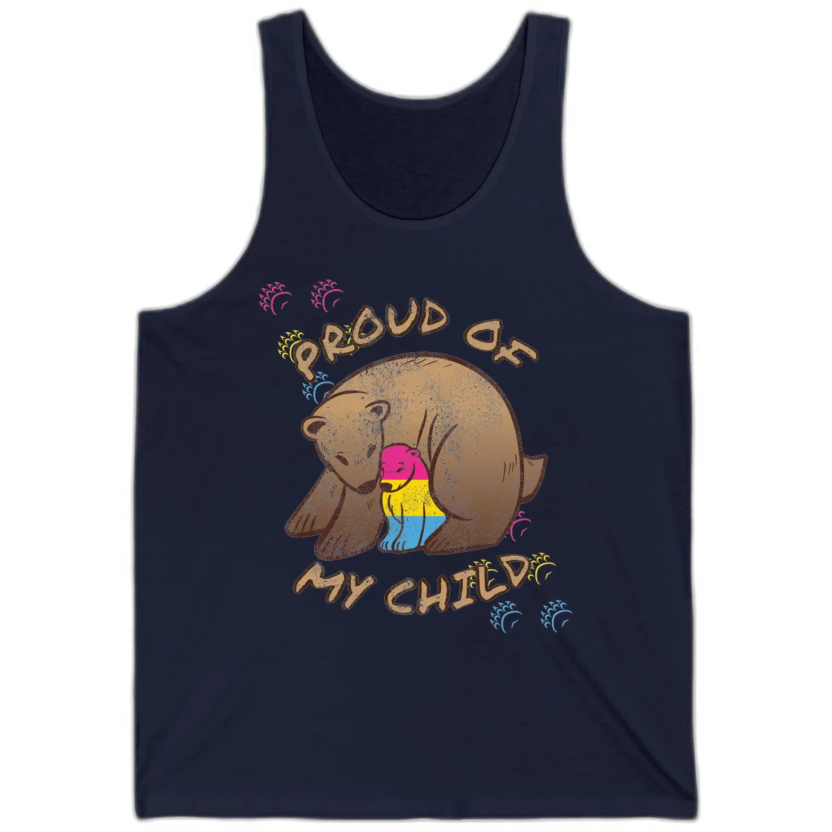 Large bear proudly hugging a smaller bear cub wearing a pride flag shirt, with text reading 'Proud As My Child' in Navy