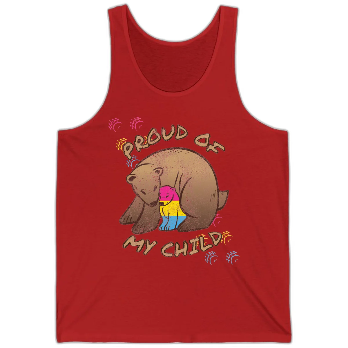 Large bear proudly hugging a smaller bear cub wearing a pride flag shirt, with text reading 'Proud As My Child' in Red