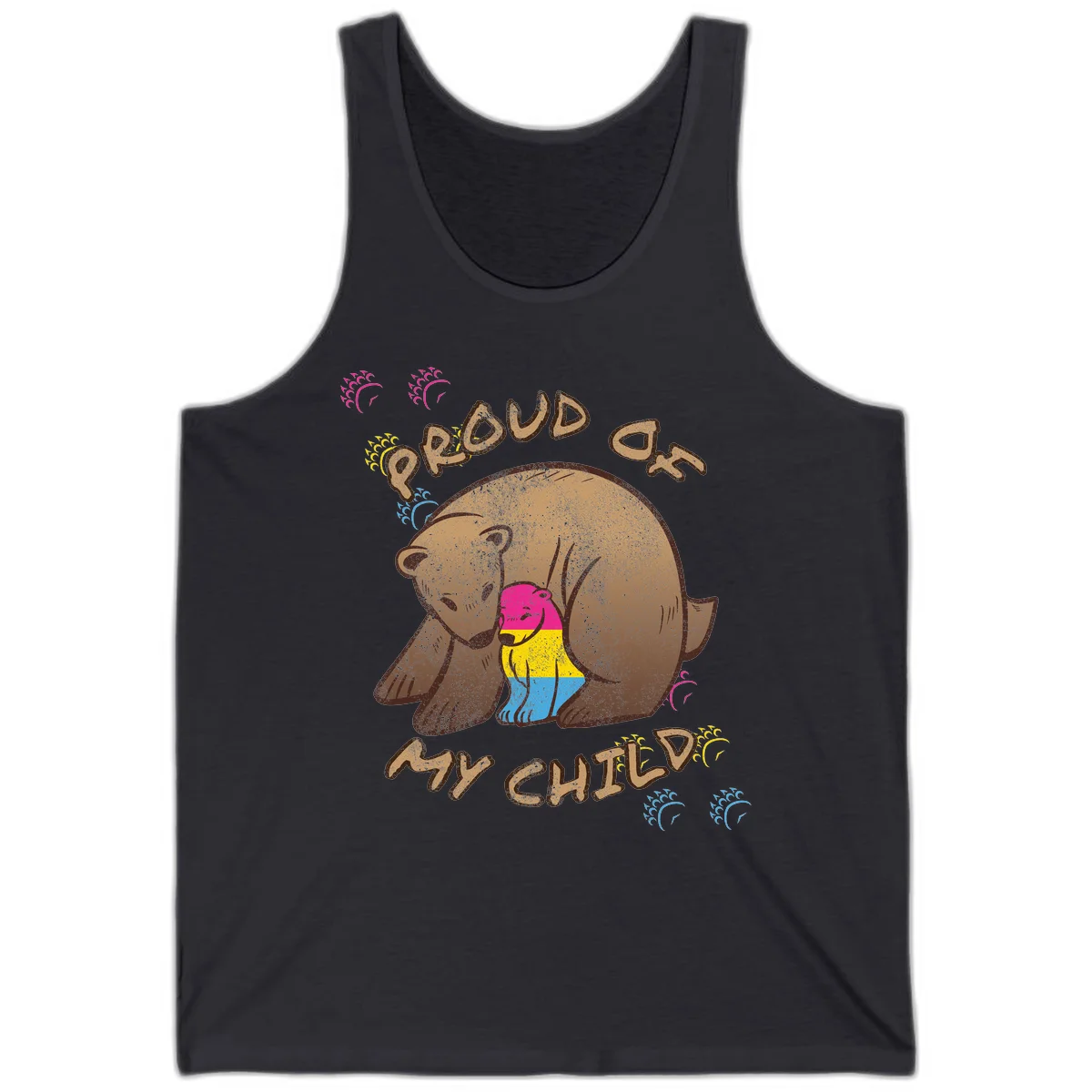 Large bear proudly hugging a smaller bear cub wearing a pride flag shirt, with text reading 'Proud As My Child' in Dark Grey