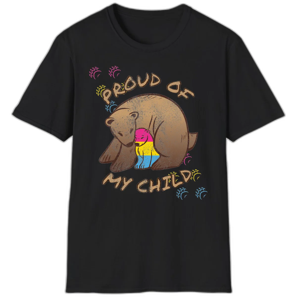 Large bear proudly hugging a smaller bear cub wearing a pride flag shirt, with text reading 'Proud As My Child' in Black