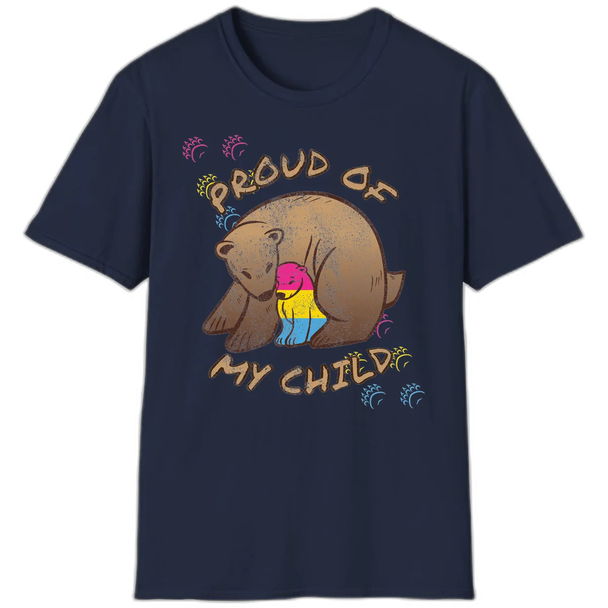 Large bear proudly hugging a smaller bear cub wearing a pride flag shirt, with text reading 'Proud As My Child' in Navy