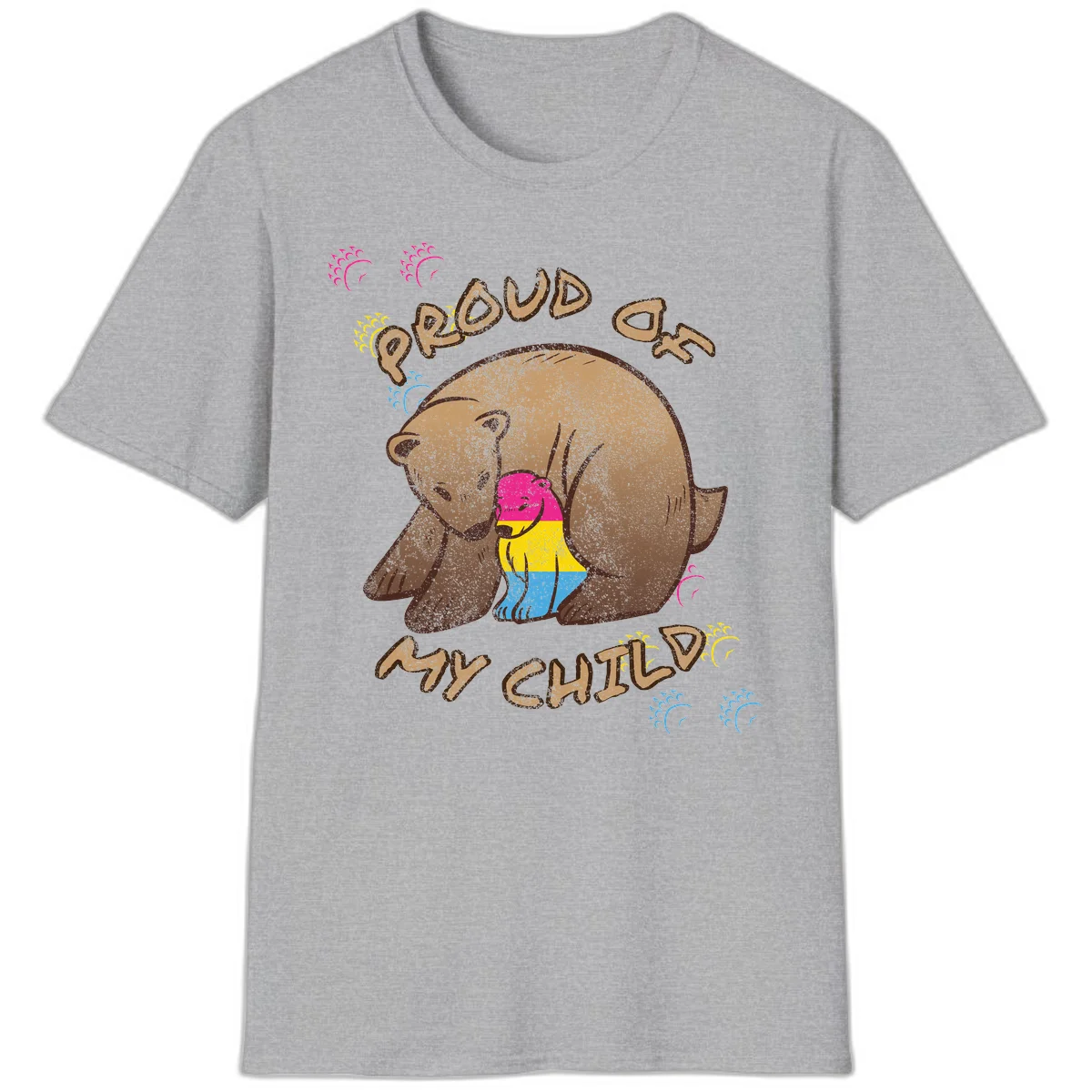 Large bear proudly hugging a smaller bear cub wearing a pride flag shirt, with text reading 'Proud As My Child' in Sport Grey