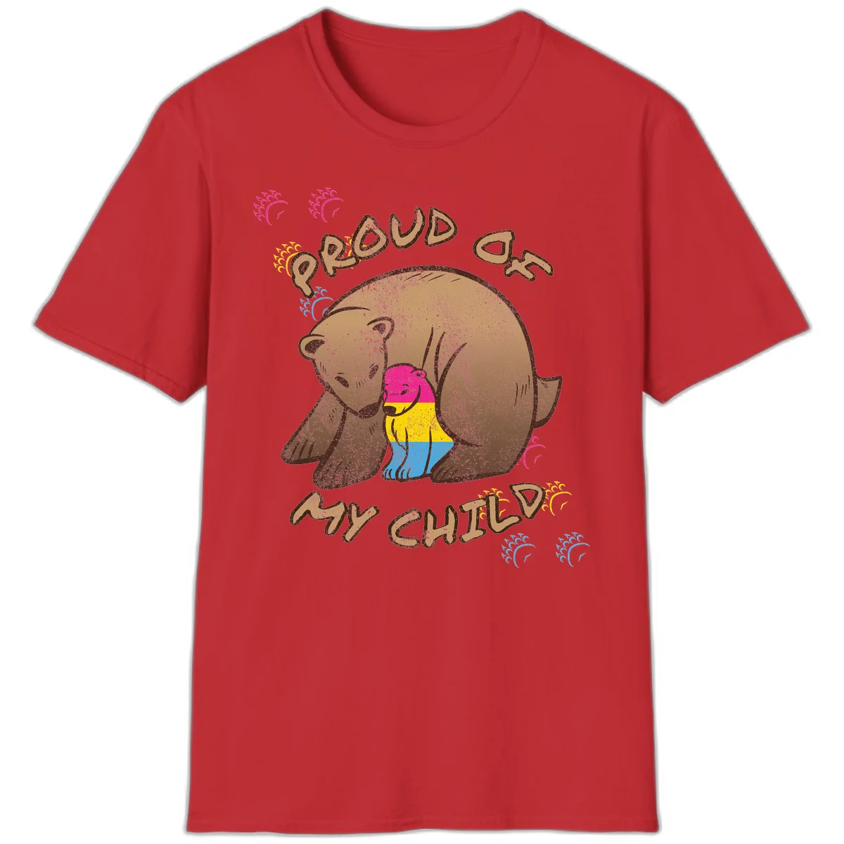 Large bear proudly hugging a smaller bear cub wearing a pride flag shirt, with text reading 'Proud As My Child' in Red