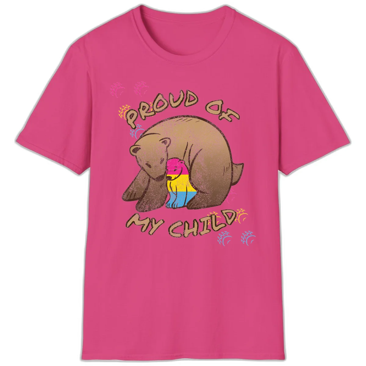 Large bear proudly hugging a smaller bear cub wearing a pride flag shirt, with text reading 'Proud As My Child' in Heliconia