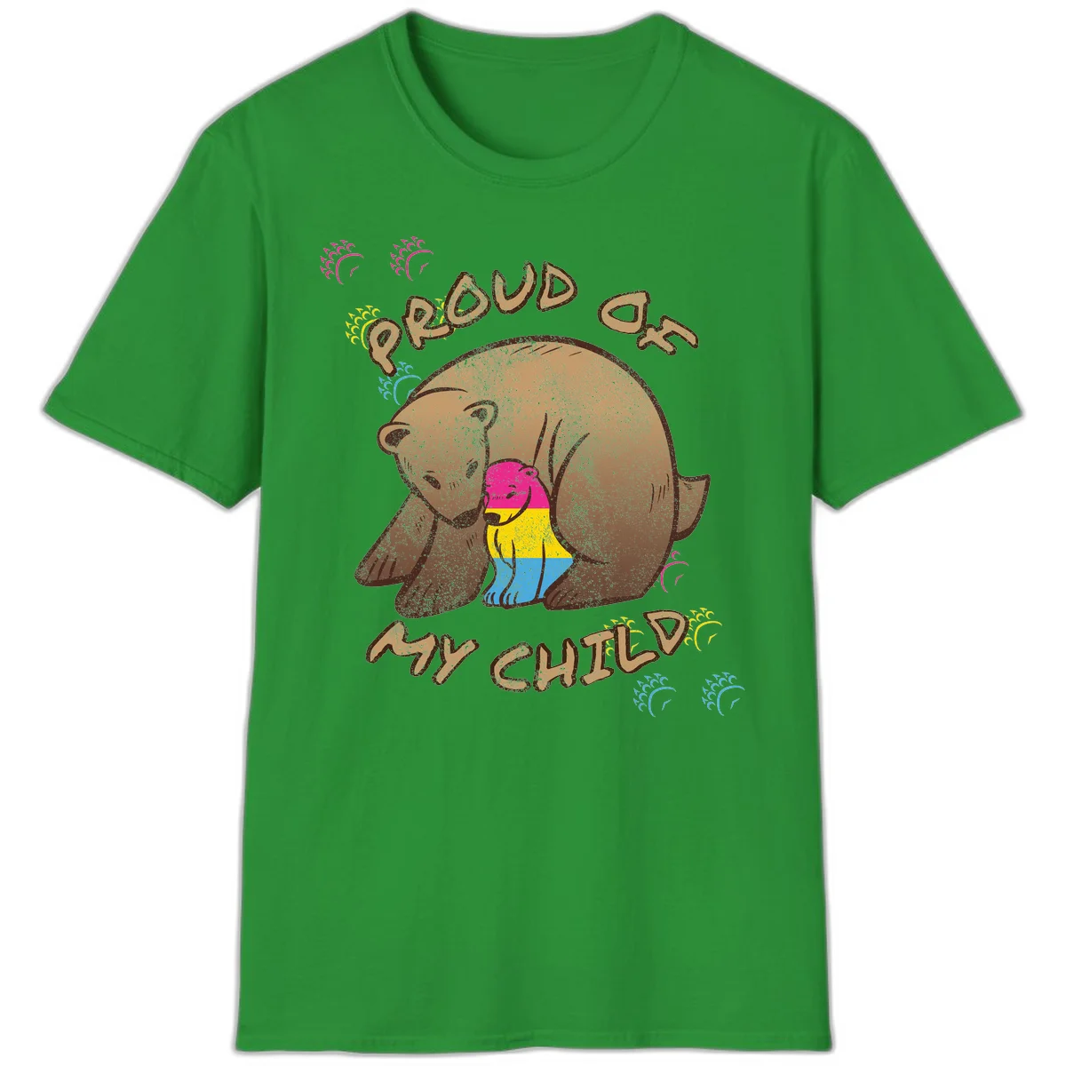 Large bear proudly hugging a smaller bear cub wearing a pride flag shirt, with text reading 'Proud As My Child' in Irish Green