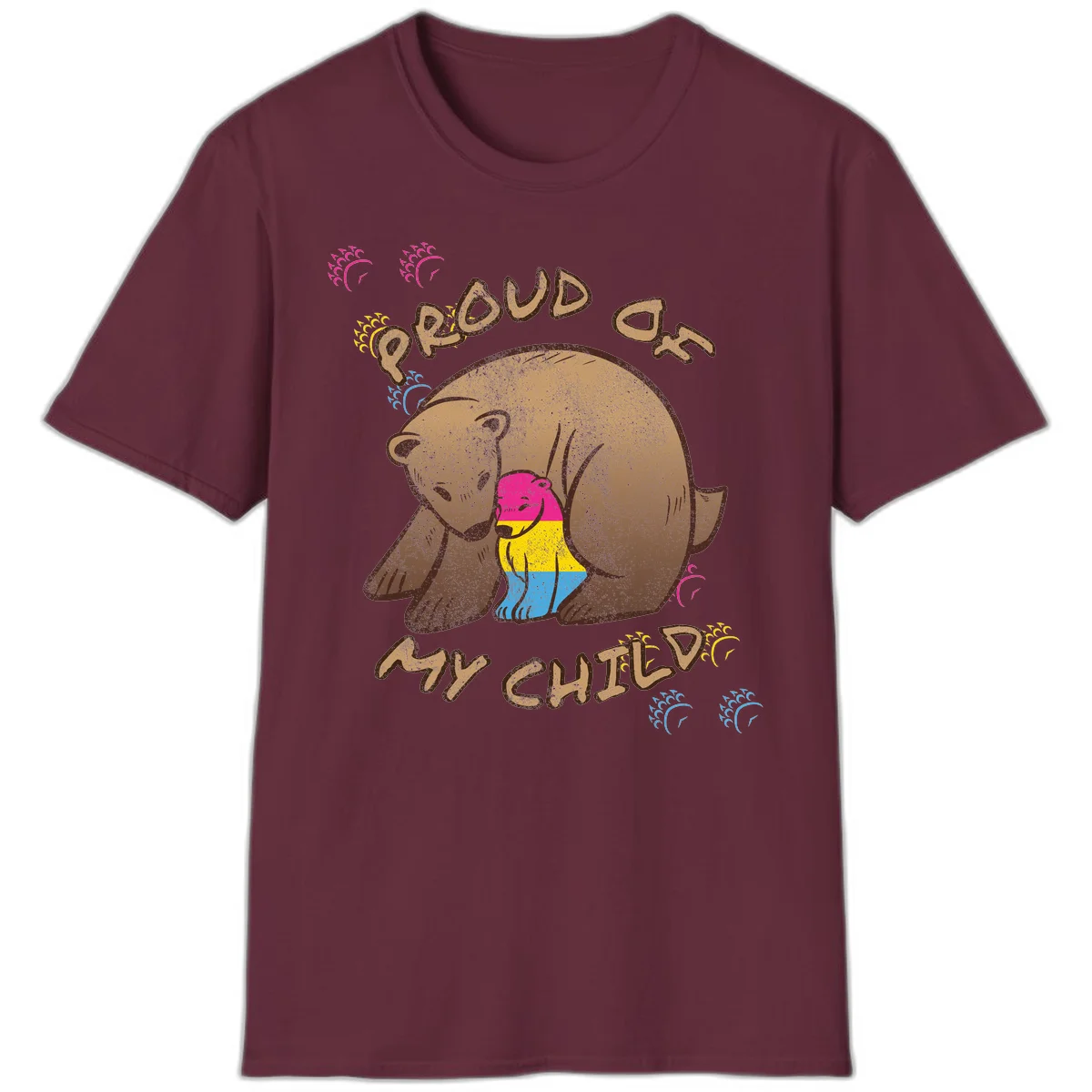 Large bear proudly hugging a smaller bear cub wearing a pride flag shirt, with text reading 'Proud As My Child' in Maroon