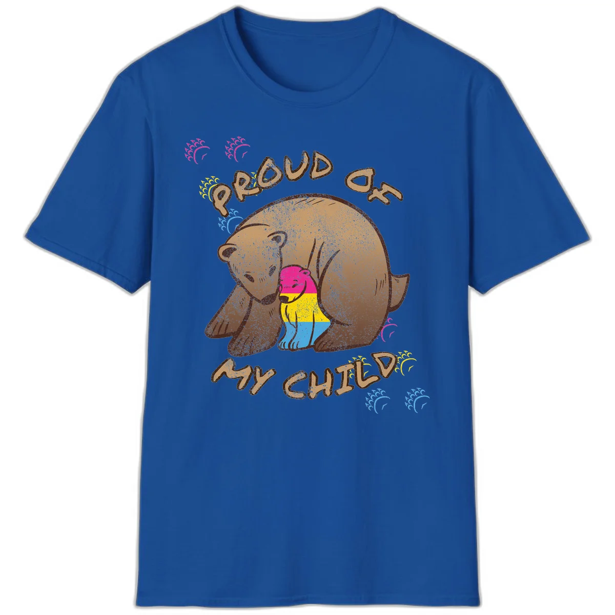Large bear proudly hugging a smaller bear cub wearing a pride flag shirt, with text reading 'Proud As My Child' in Royal