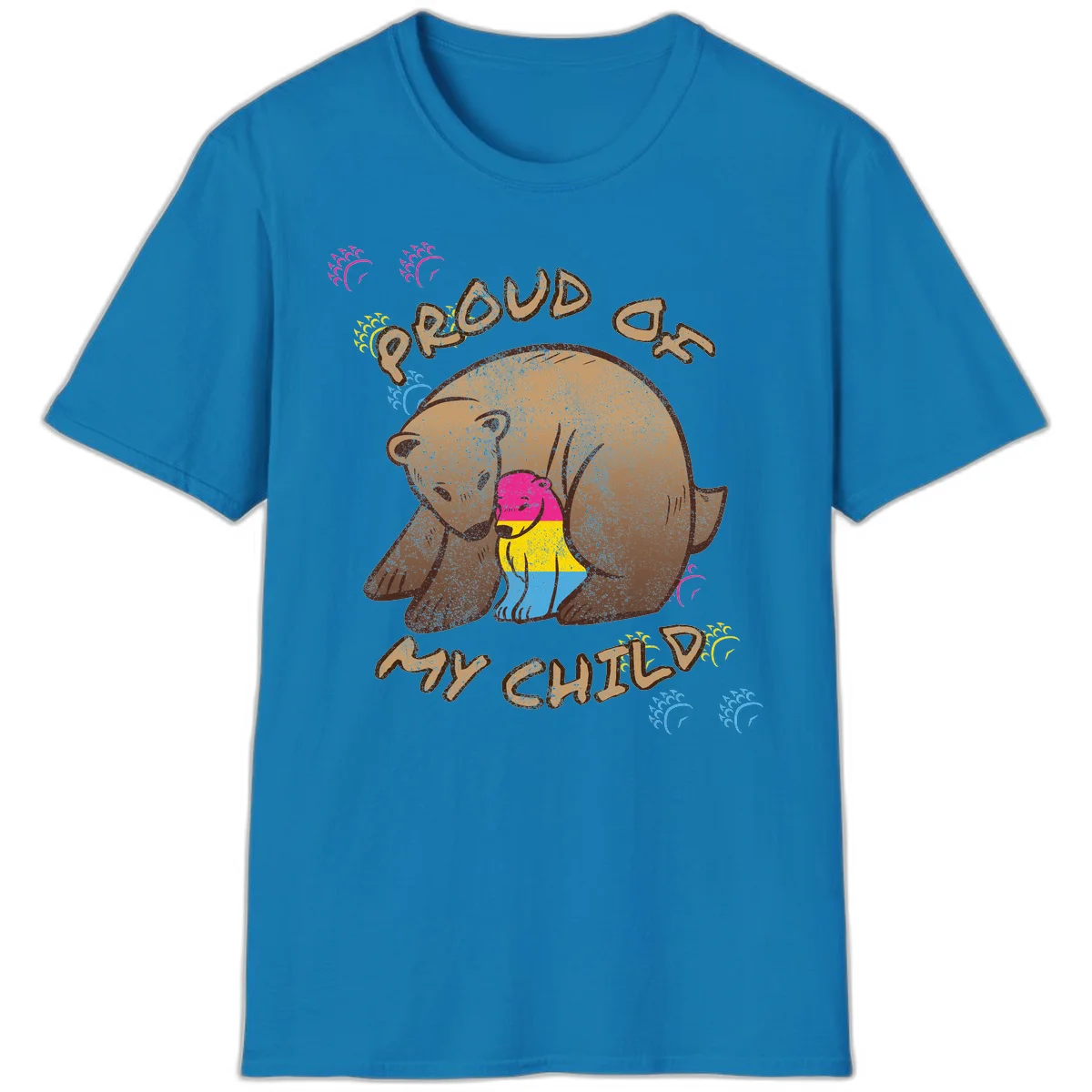 Large bear proudly hugging a smaller bear cub wearing a pride flag shirt, with text reading 'Proud As My Child' in Sapphire