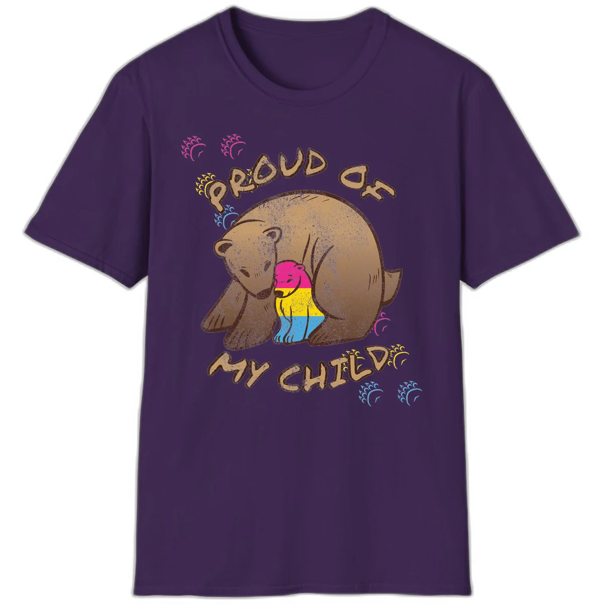 Large bear proudly hugging a smaller bear cub wearing a pride flag shirt, with text reading 'Proud As My Child' in Purple
