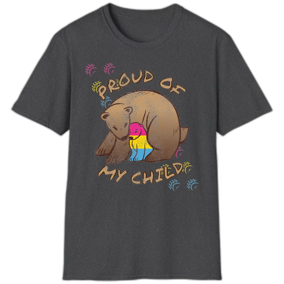 Large bear proudly hugging a smaller bear cub wearing a pride flag shirt, with text reading 'Proud As My Child' in Dark Heather