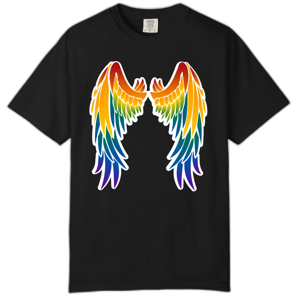 Symmetrical rainbow pride wings with feathered details in red, orange, yellow, green, teal, blue, and purple colors in Black