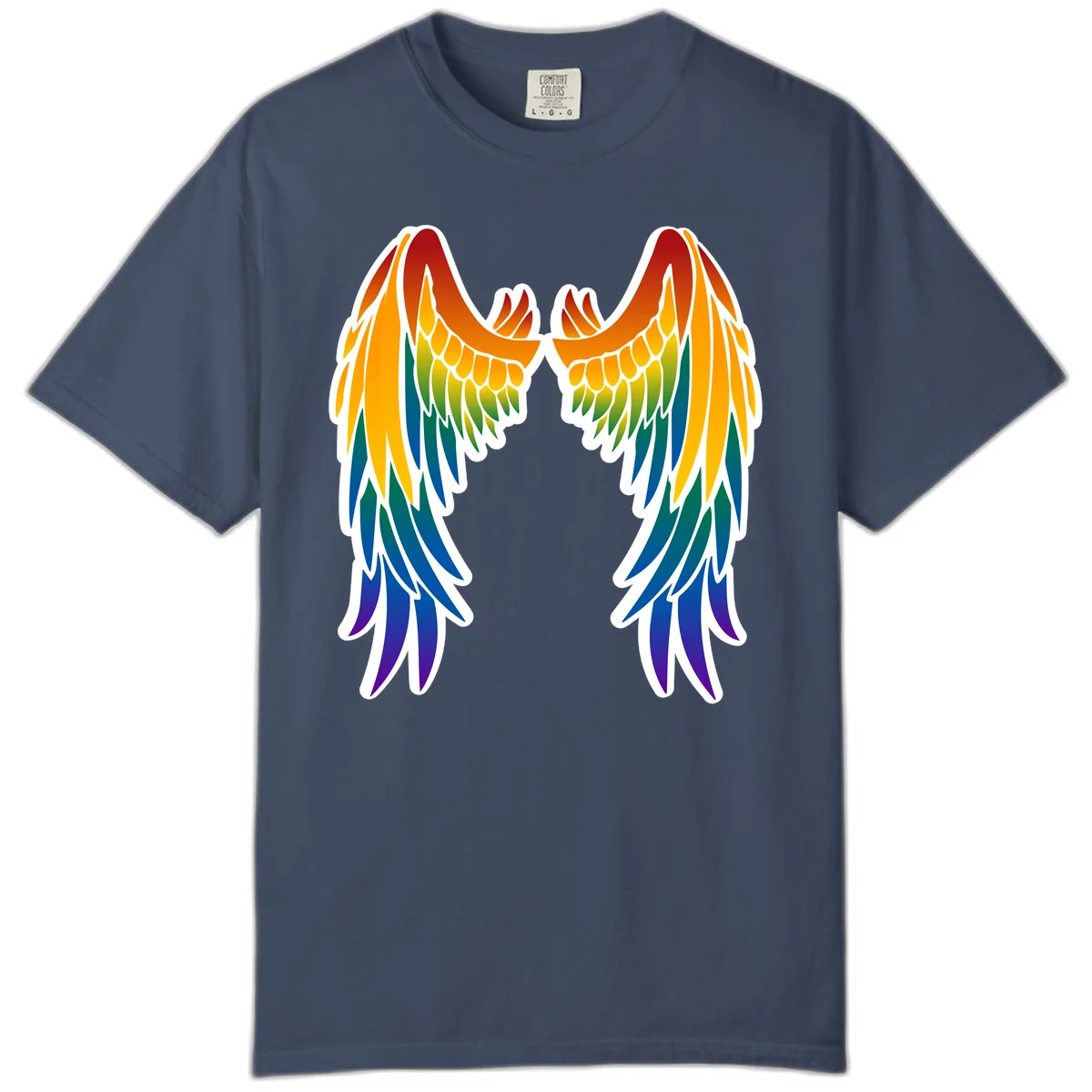 Symmetrical rainbow pride wings with feathered details in red, orange, yellow, green, teal, blue, and purple colors in Midnight