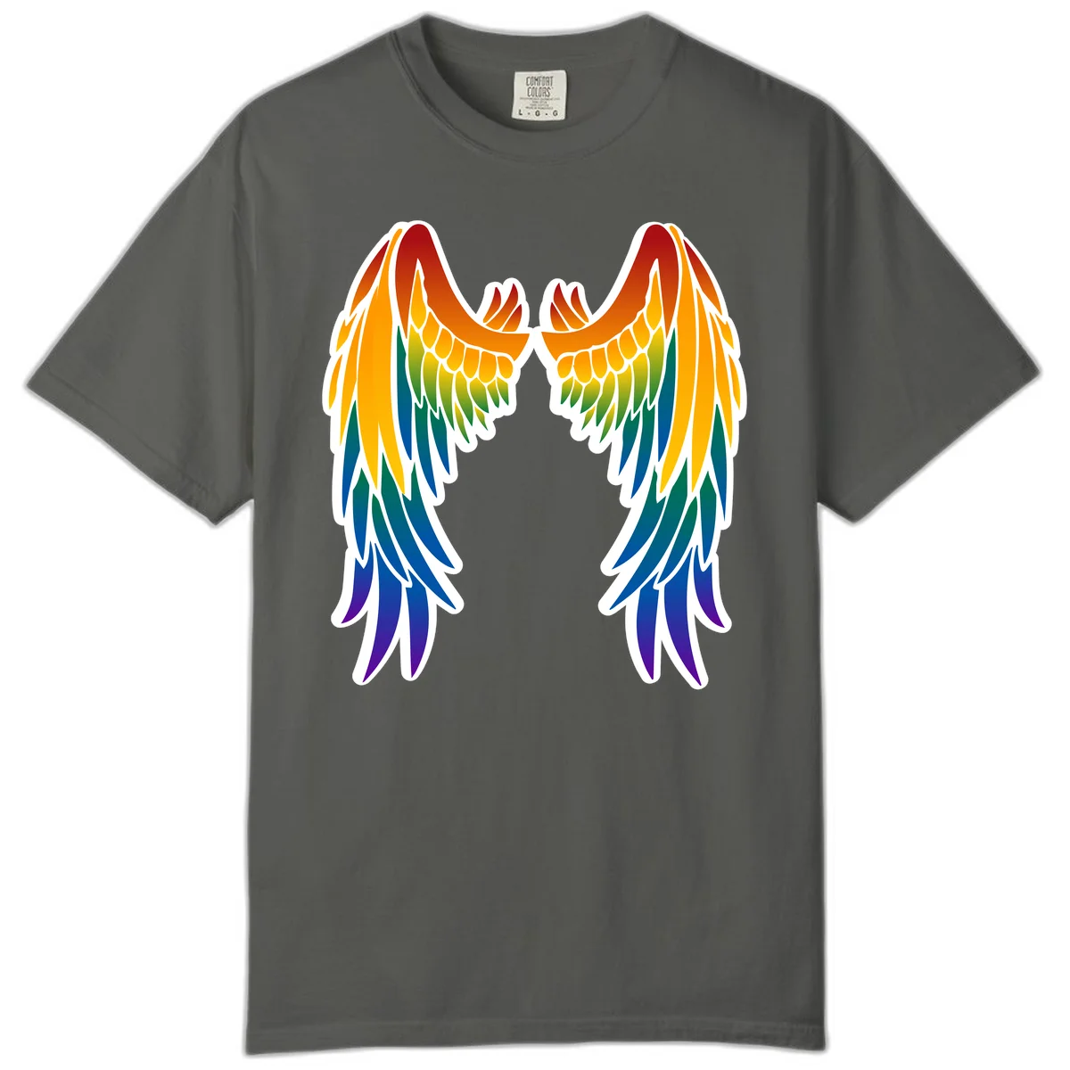 Symmetrical rainbow pride wings with feathered details in red, orange, yellow, green, teal, blue, and purple colors in Pepper