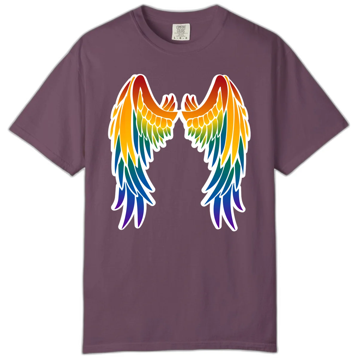 Symmetrical rainbow pride wings with feathered details in red, orange, yellow, green, teal, blue, and purple colors in Berry