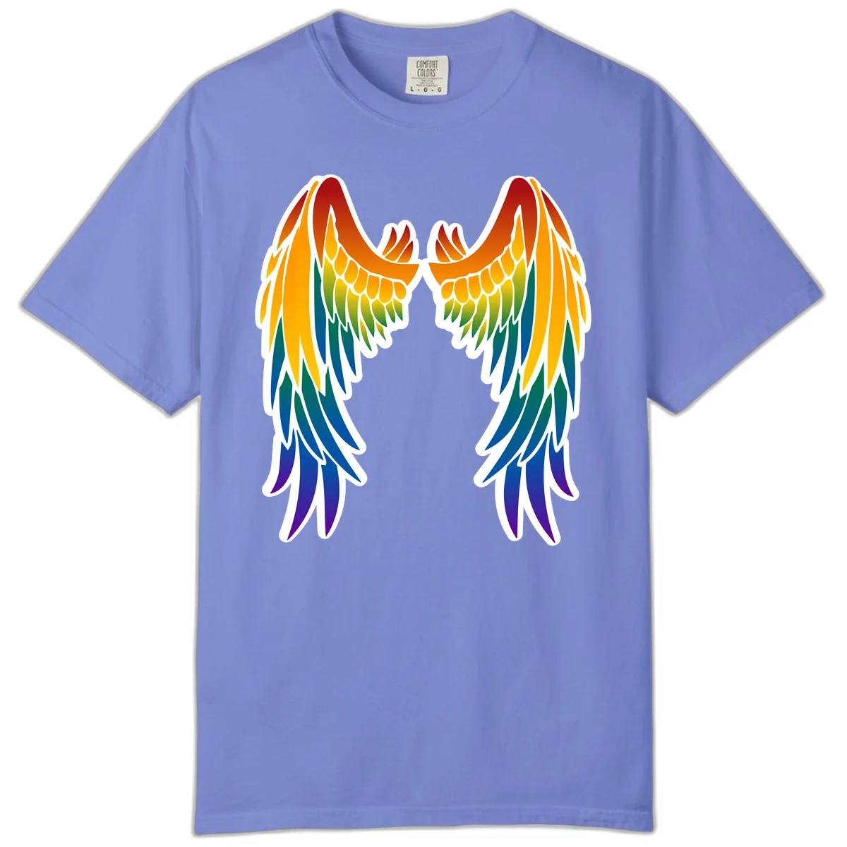 Symmetrical rainbow pride wings with feathered details in red, orange, yellow, green, teal, blue, and purple colors in Flo Blue
